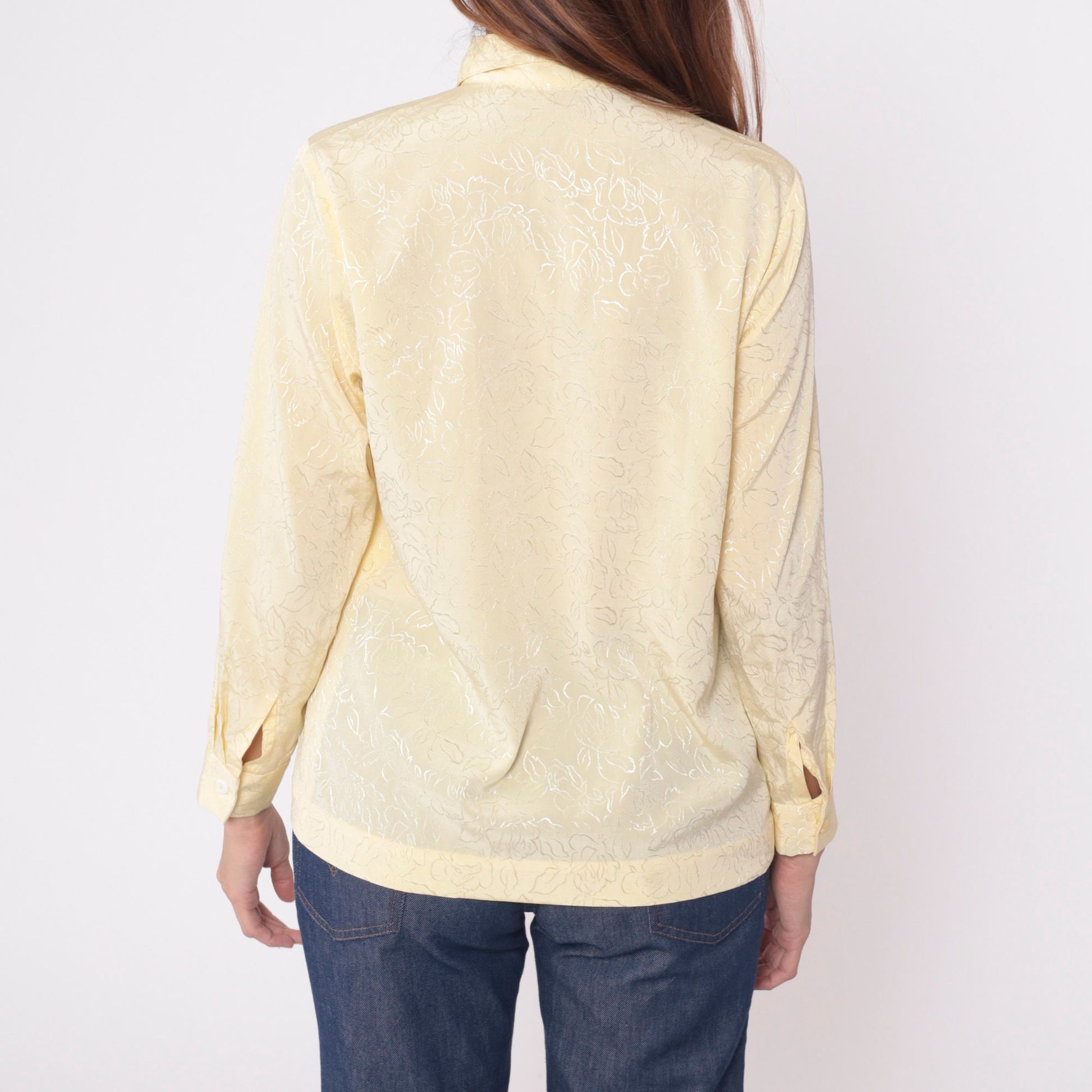 80s Yellow Floral Embossed Button-Up Blouse Long Sleeve Pleated Shirt Medium