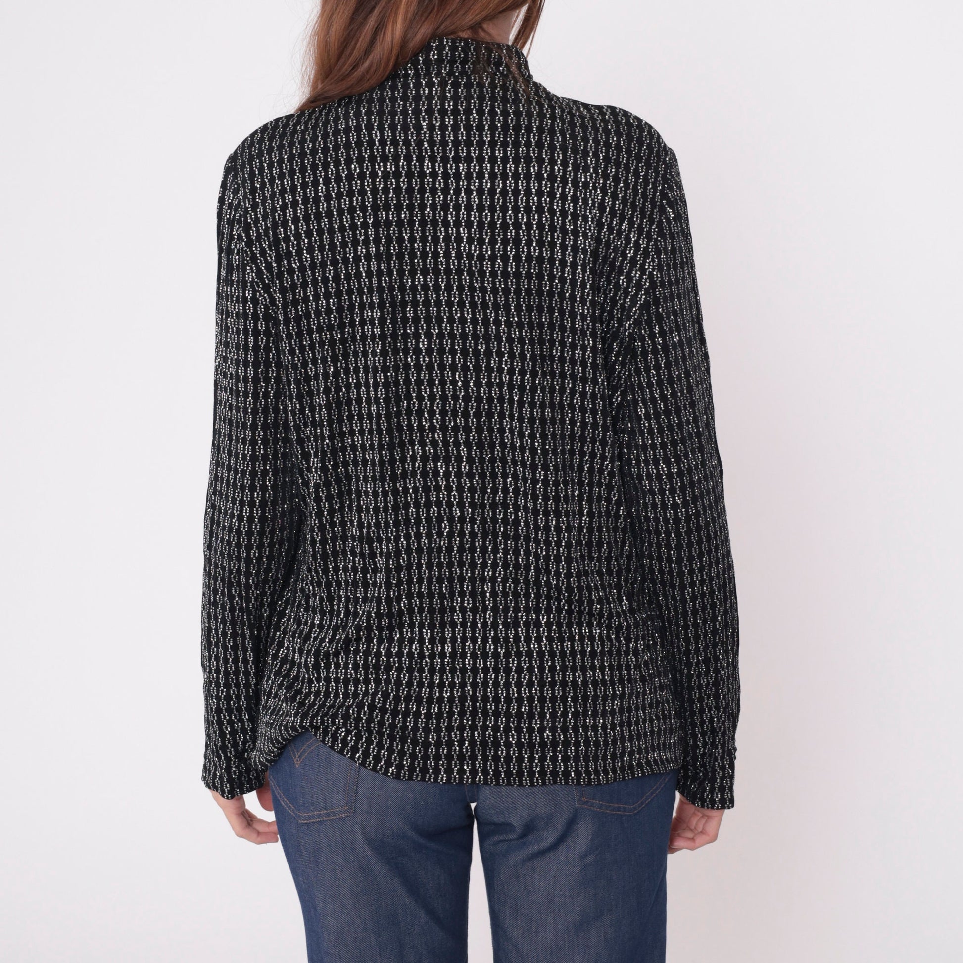 80s Alex Evenings Black Metallic Jacket Silver Chain Mandarin Collar Large 12