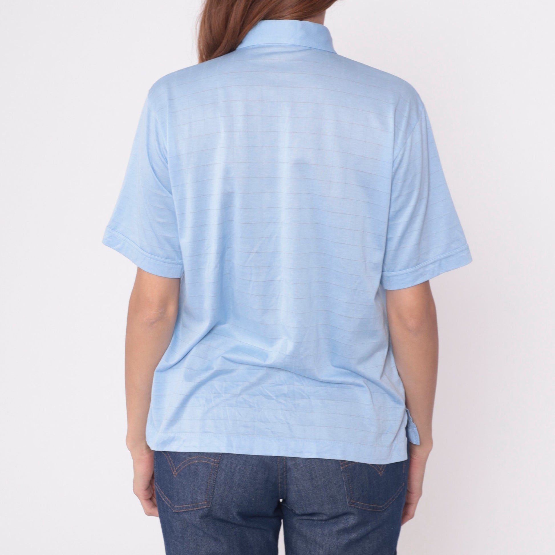 80s Lady Cougar Polo Shirt Baby Blue Grid Print Quarter Button Medium