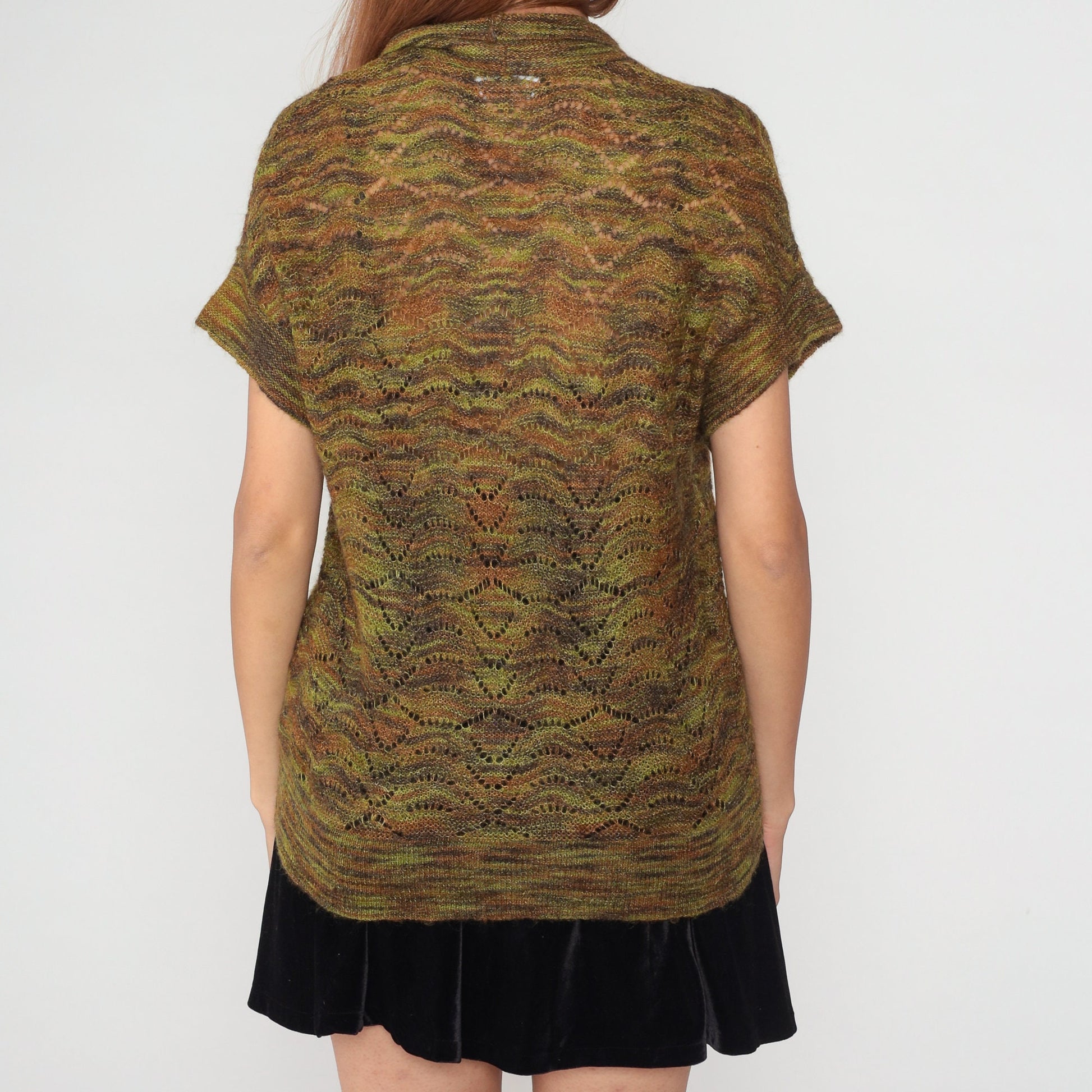 90s Jones New York Space Dye Cardigan Brown Green Mohair Blend Short Sleeve Small
