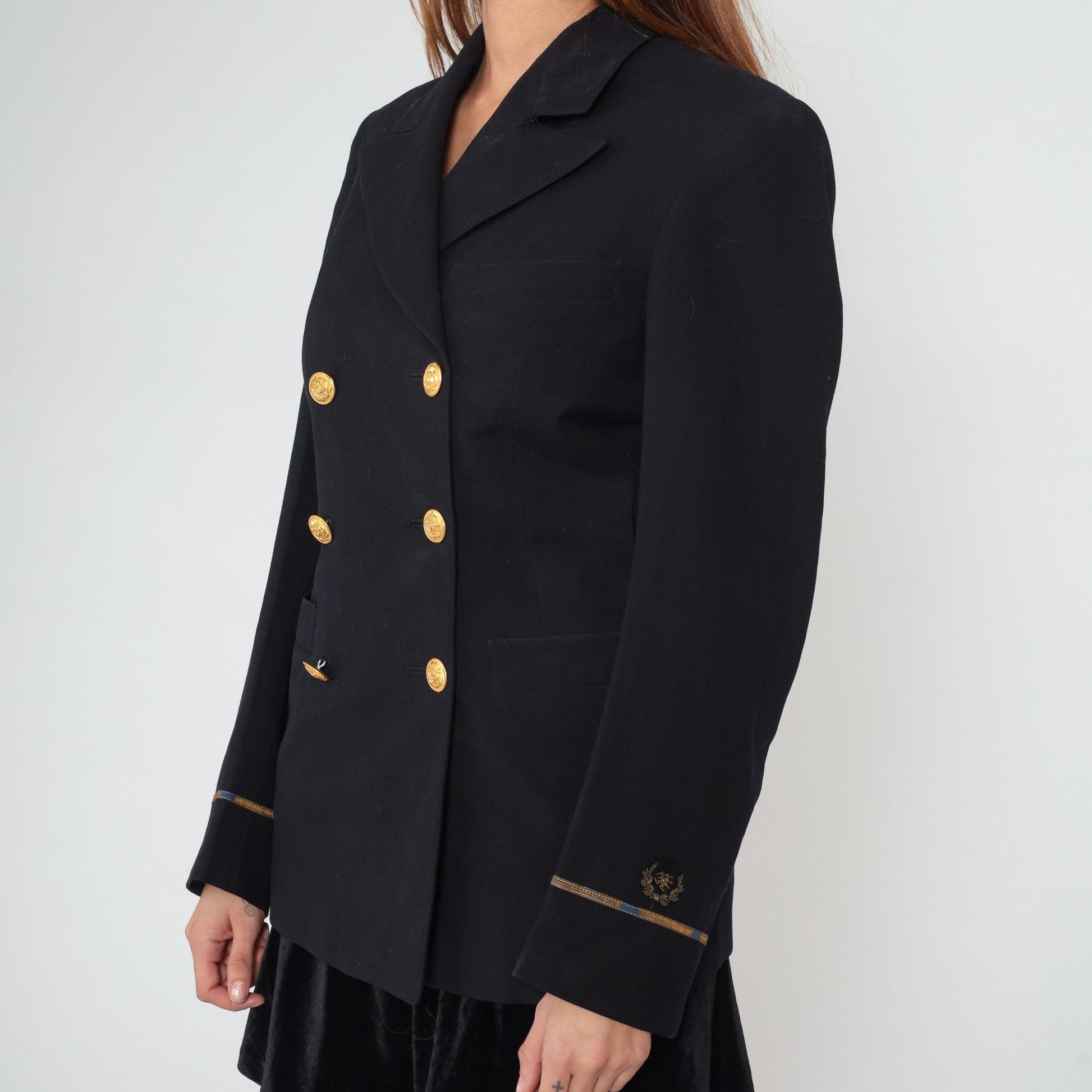 80s Wender and Goldstein Black Wool Double Breasted Blazer Gold Nautical Buttons Small S
