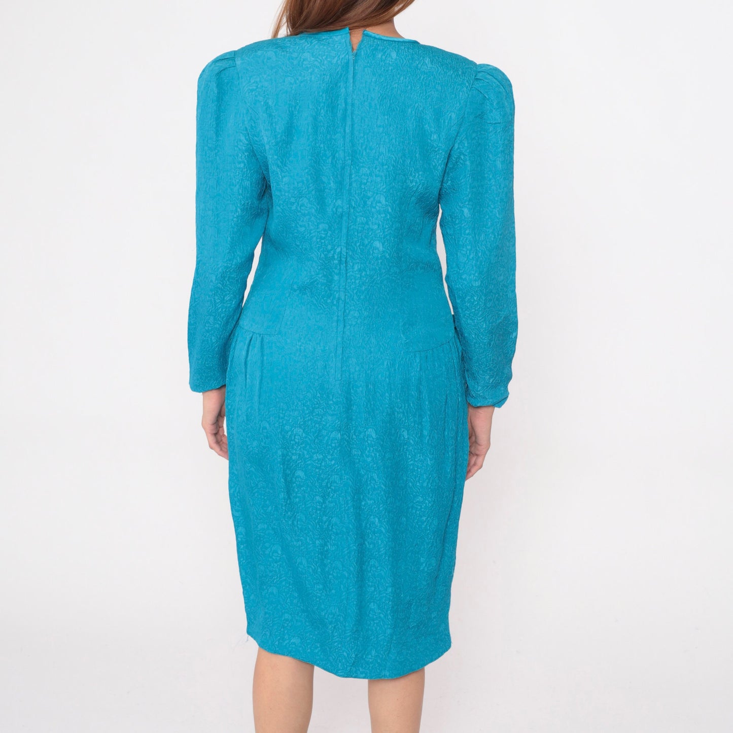80s Richard Warren Turquoise Silk Midi Dress Puff Sleeve Bow Medium