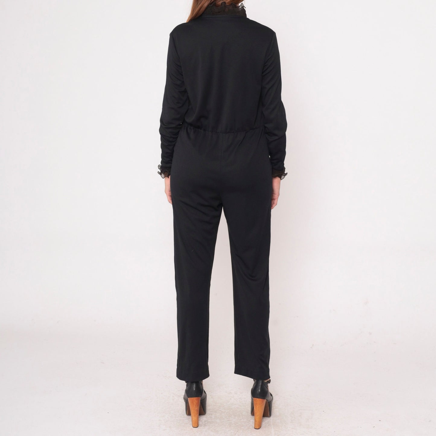 70s Black Tuxedo Jumpsuit Ruffled Front Long Sleeve High Waist Medium