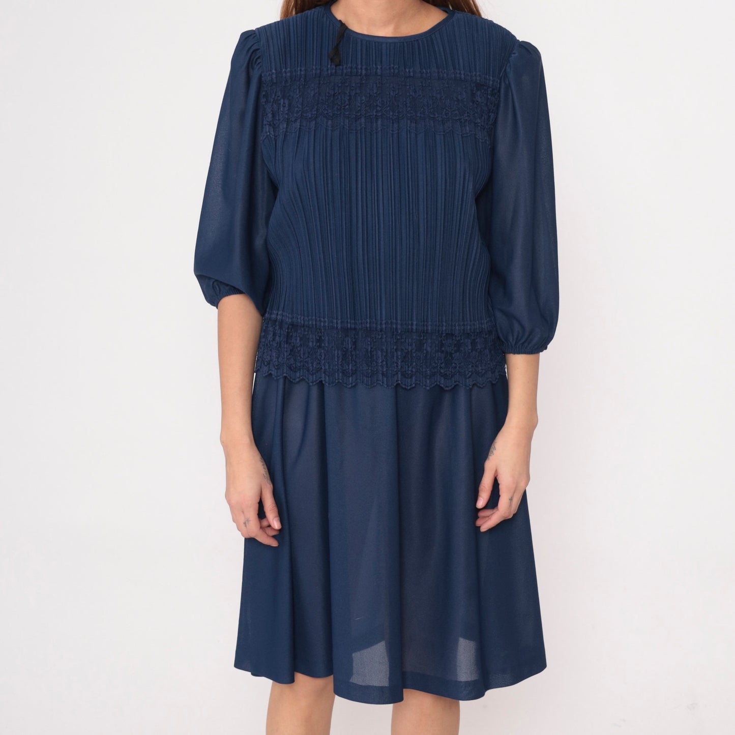 80s Dark Blue Pleated Midi Dress Puff Sleeve Lace Trim Drop Waist Medium