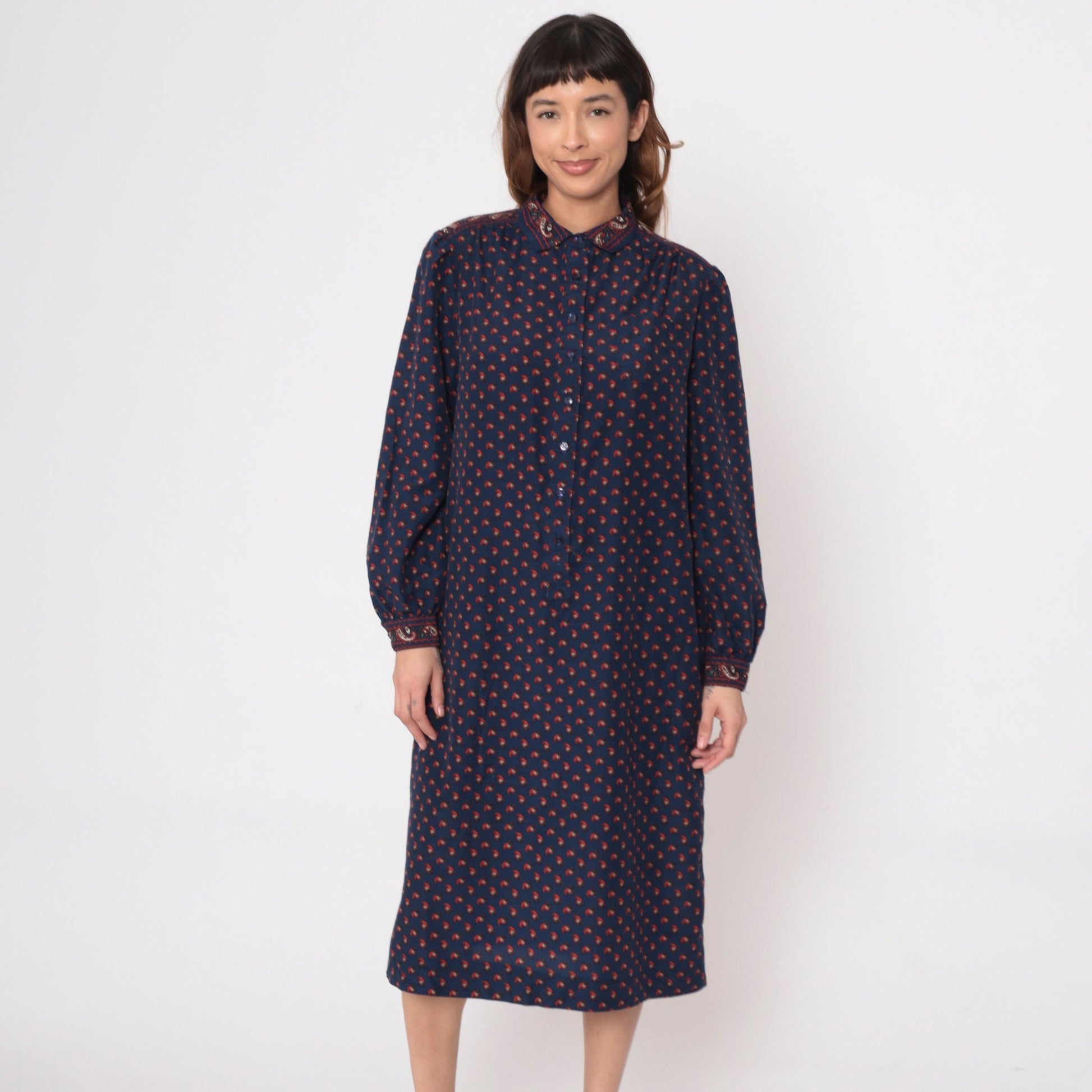 80s Dark Blue Paisley Midi Shirtdress Button-Up Long Sleeve Red Print Large