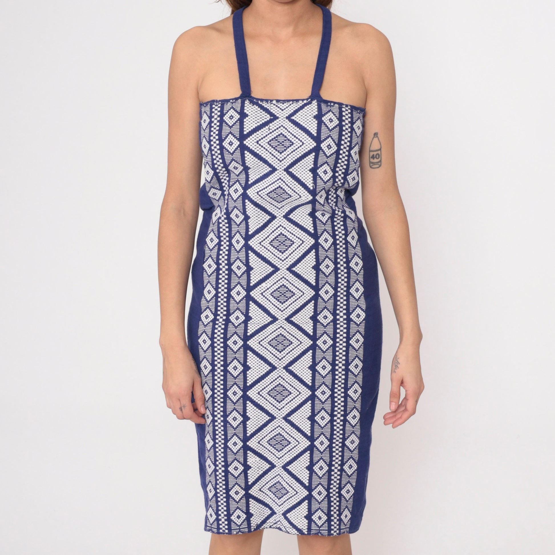 90s Blue Aztec Embroidered Midi Sundress Criss-Cross Spaghetti Strap Extra Small XS