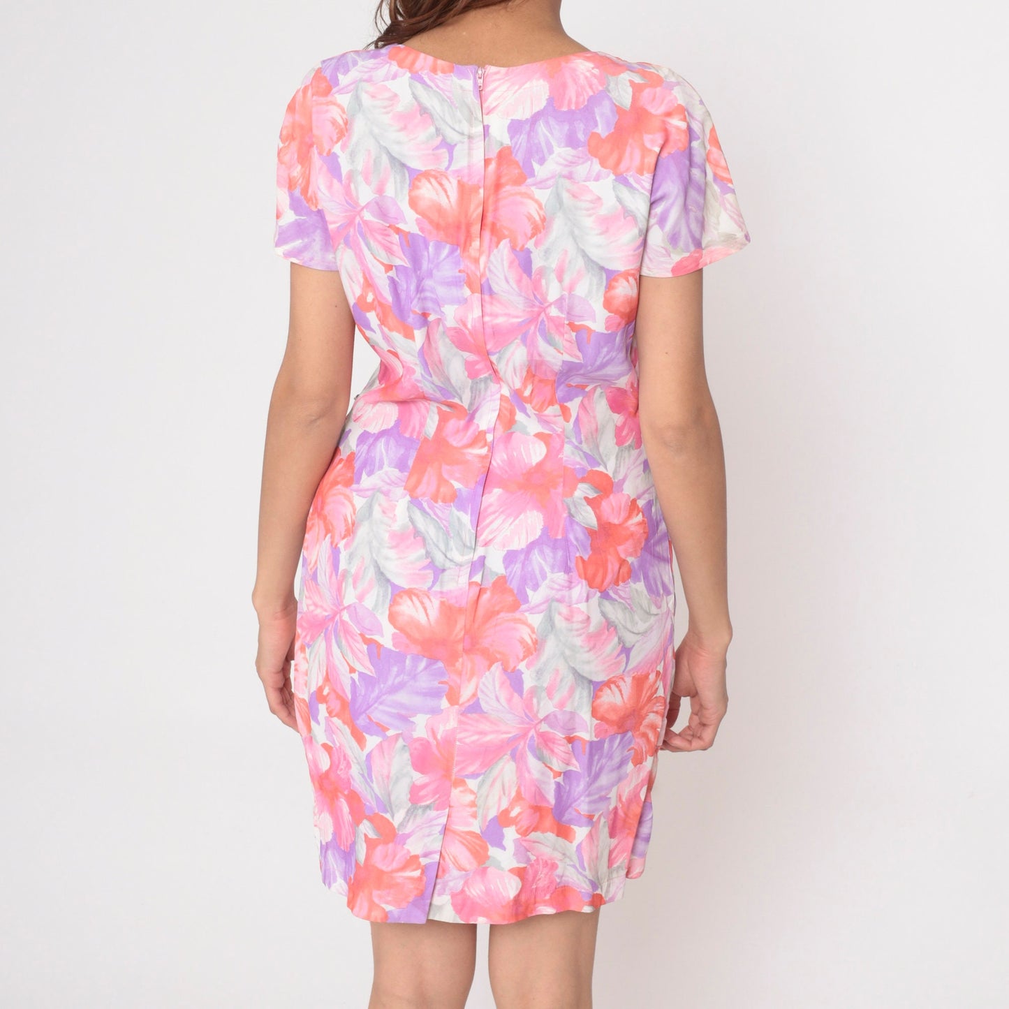 80s Tropical Floral Mini Wrap Dress Purple Orange Short Sleeve Small