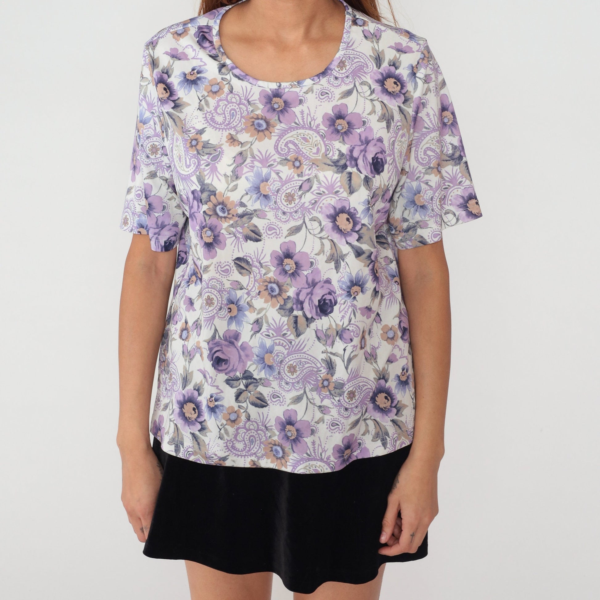 90s Purple Paisley Floral Print Blouse White Short Sleeve Top Large L