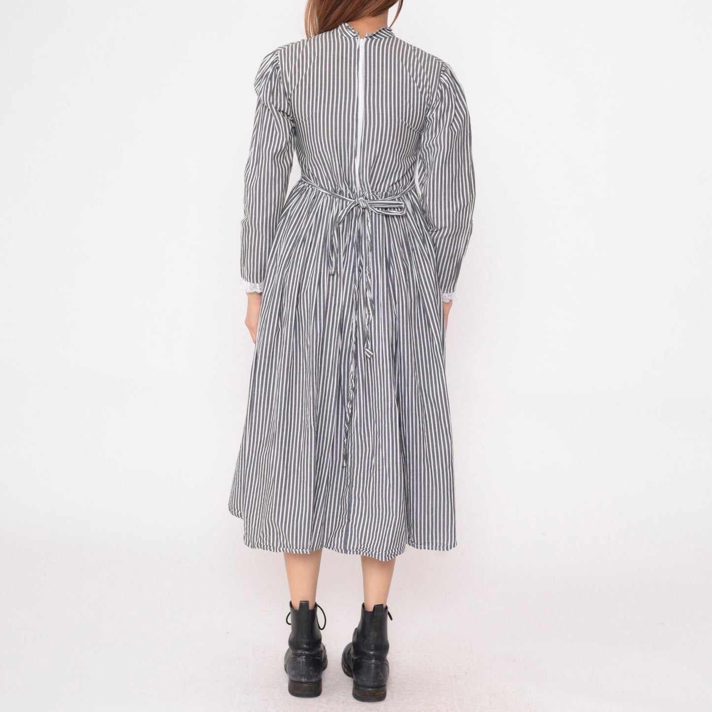 80s Grey White Striped Midi Dress Tuxedo Lace Bib Puff Sleeve Small