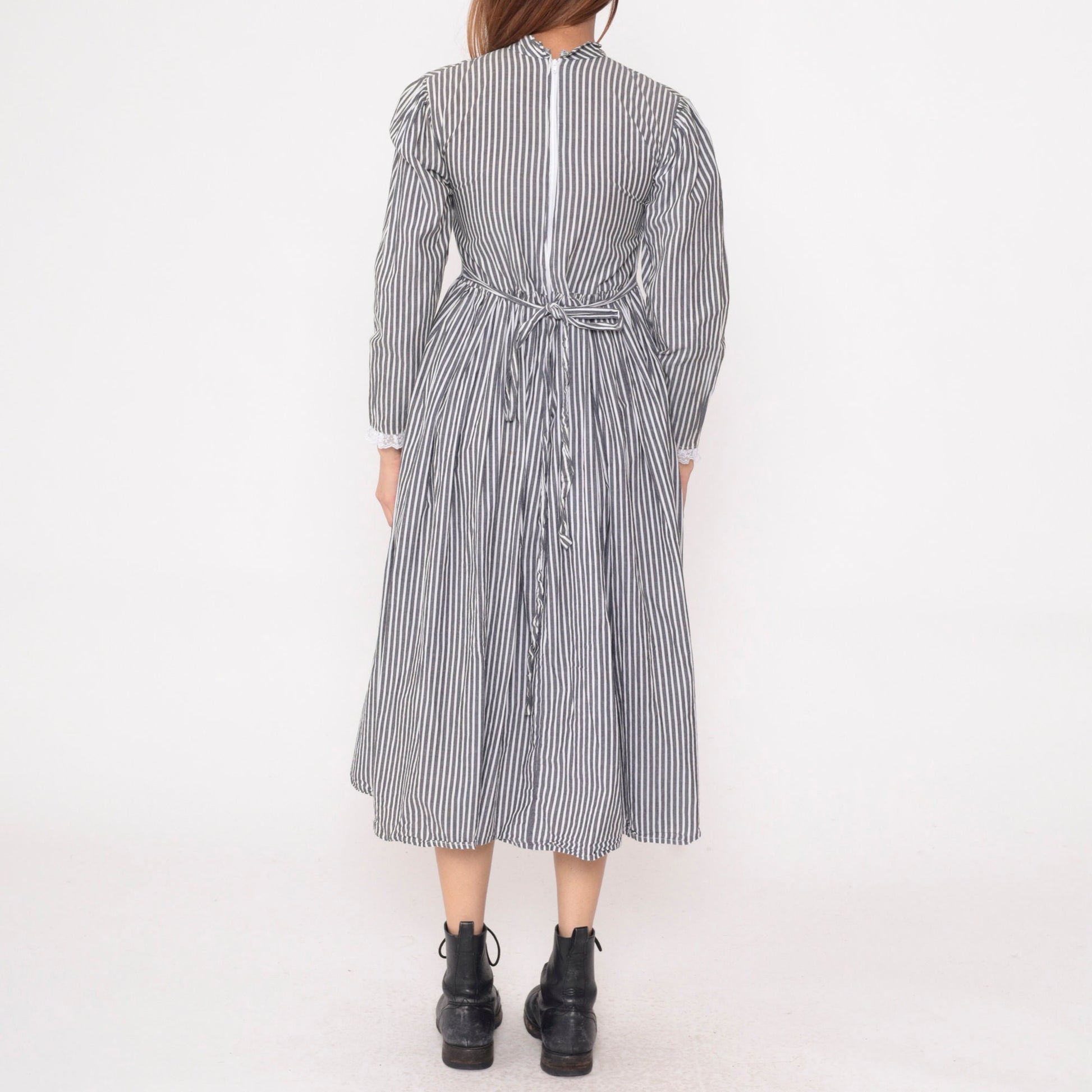 80s Grey White Striped Midi Dress Tuxedo Lace Bib Puff Sleeve Small