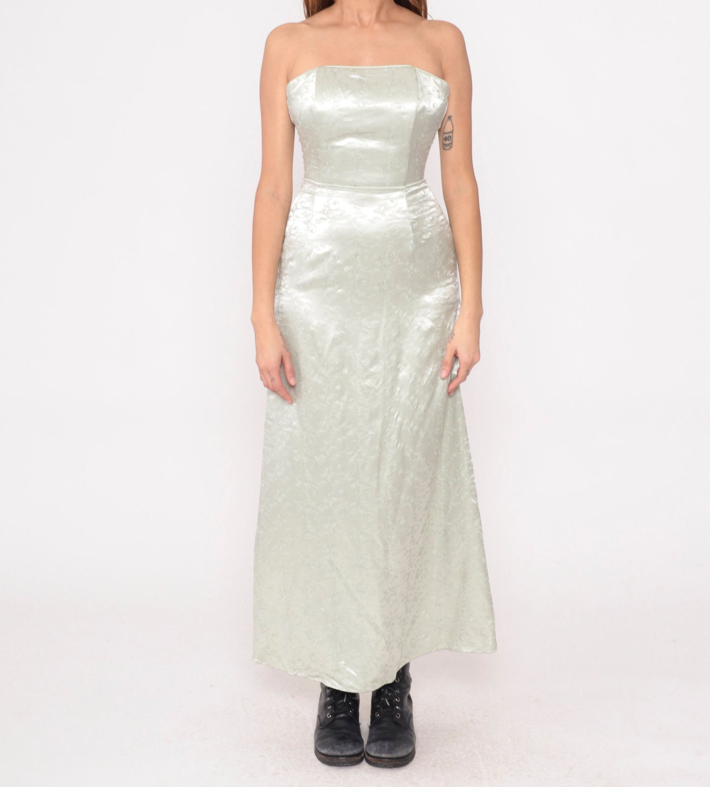 Y2K Jessica McClintock Silver Floral Embroidered Strapless Maxi Dress Extra Small