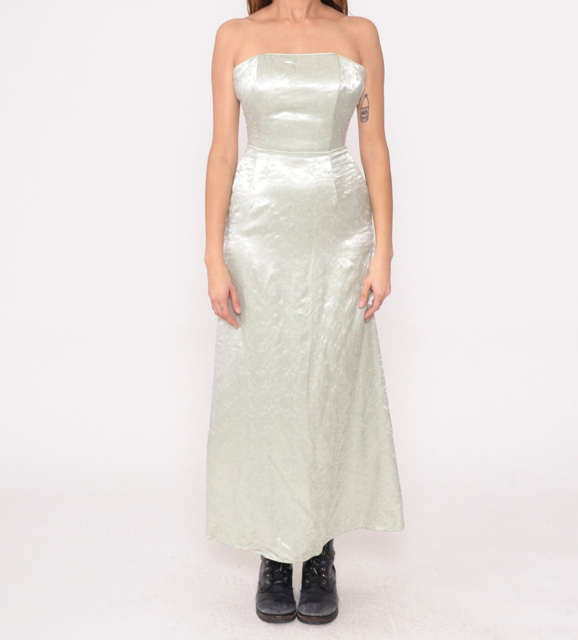 Y2K Jessica McClintock Silver Floral Embroidered Strapless Maxi Dress Extra Small