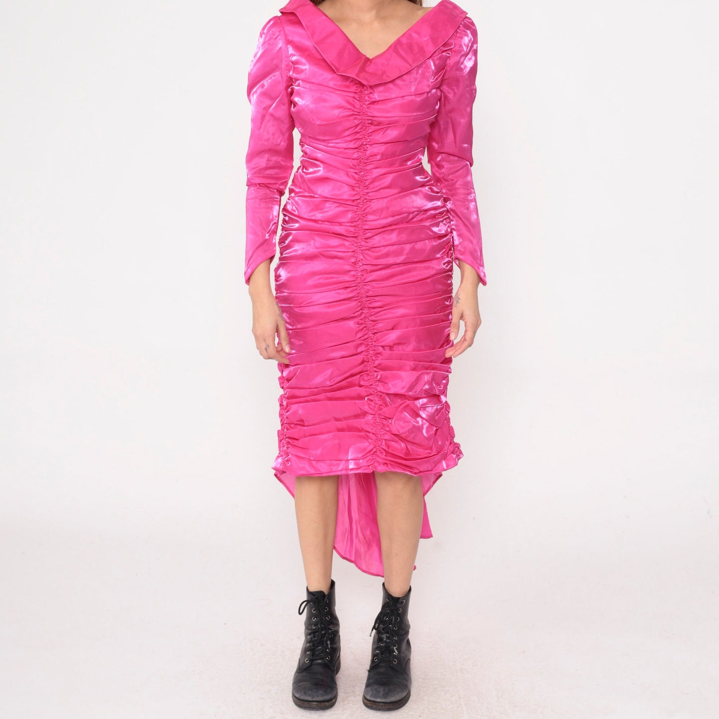80s Hot Pink Satin Midi Dress Puff Sleeve Ruched Sheath Train Small