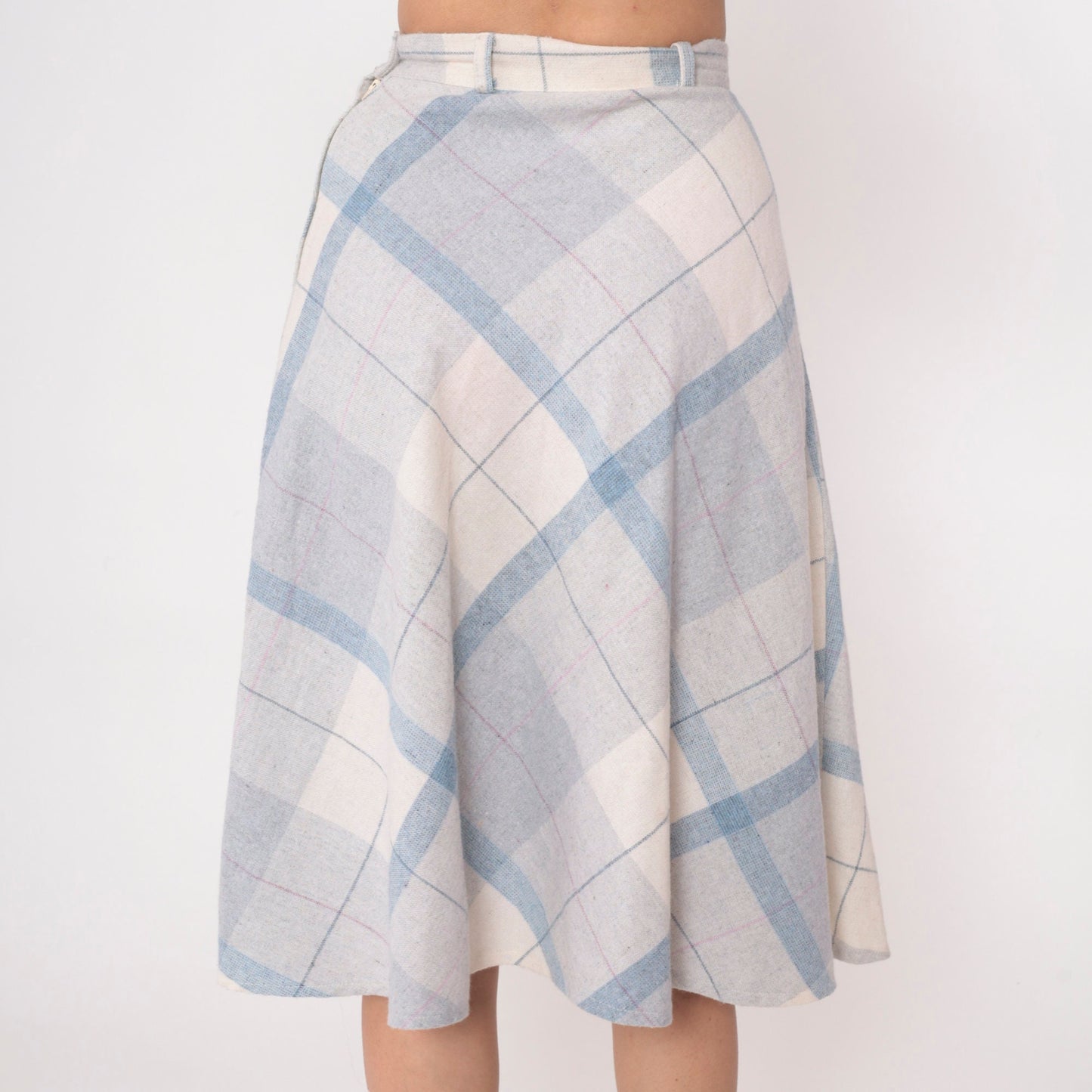 70s Plaid Midi Skirt High Waisted Blue White Wool Blend Extra Small