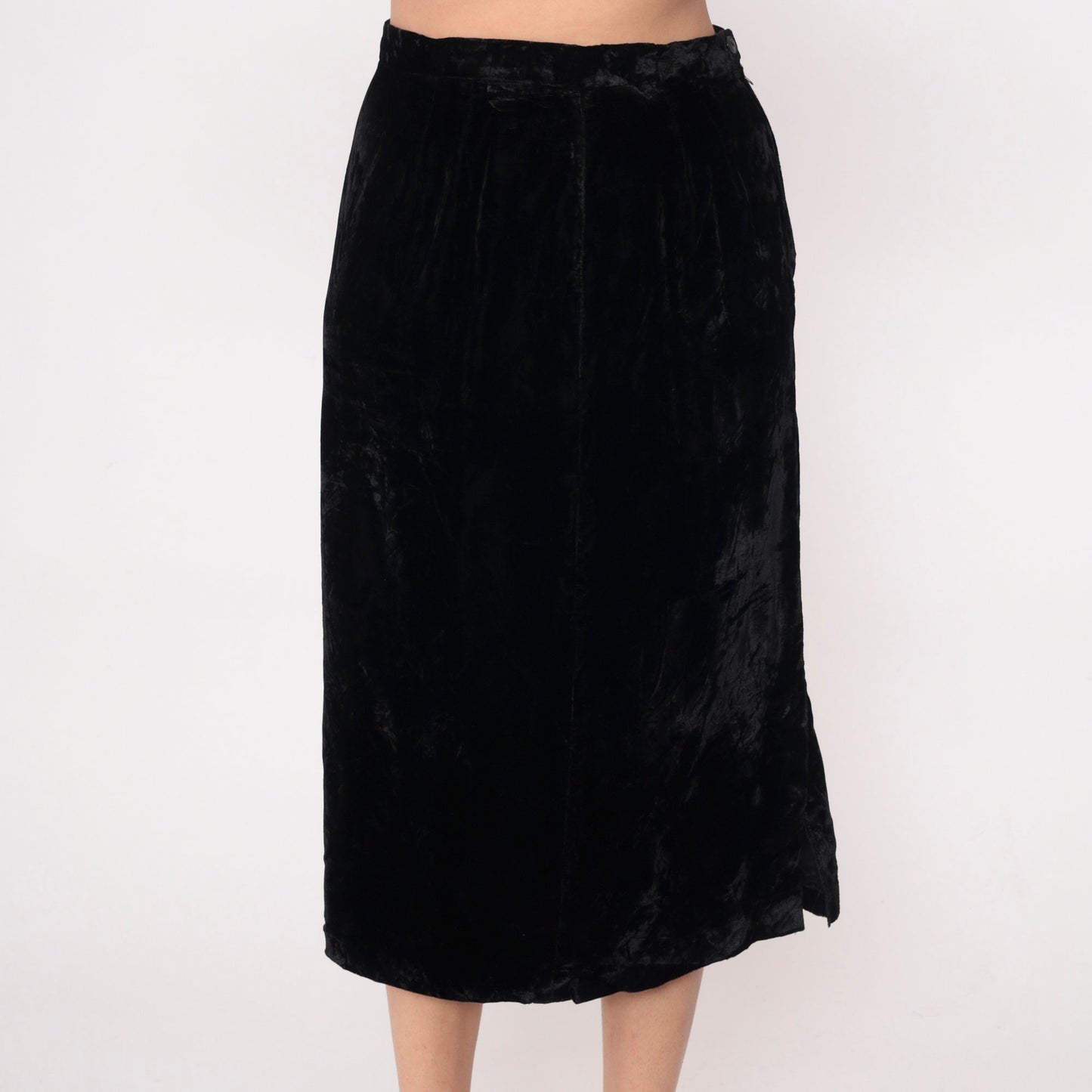 90s Black Velvet Midi Pencil Skirt High Waist Side Slit Small