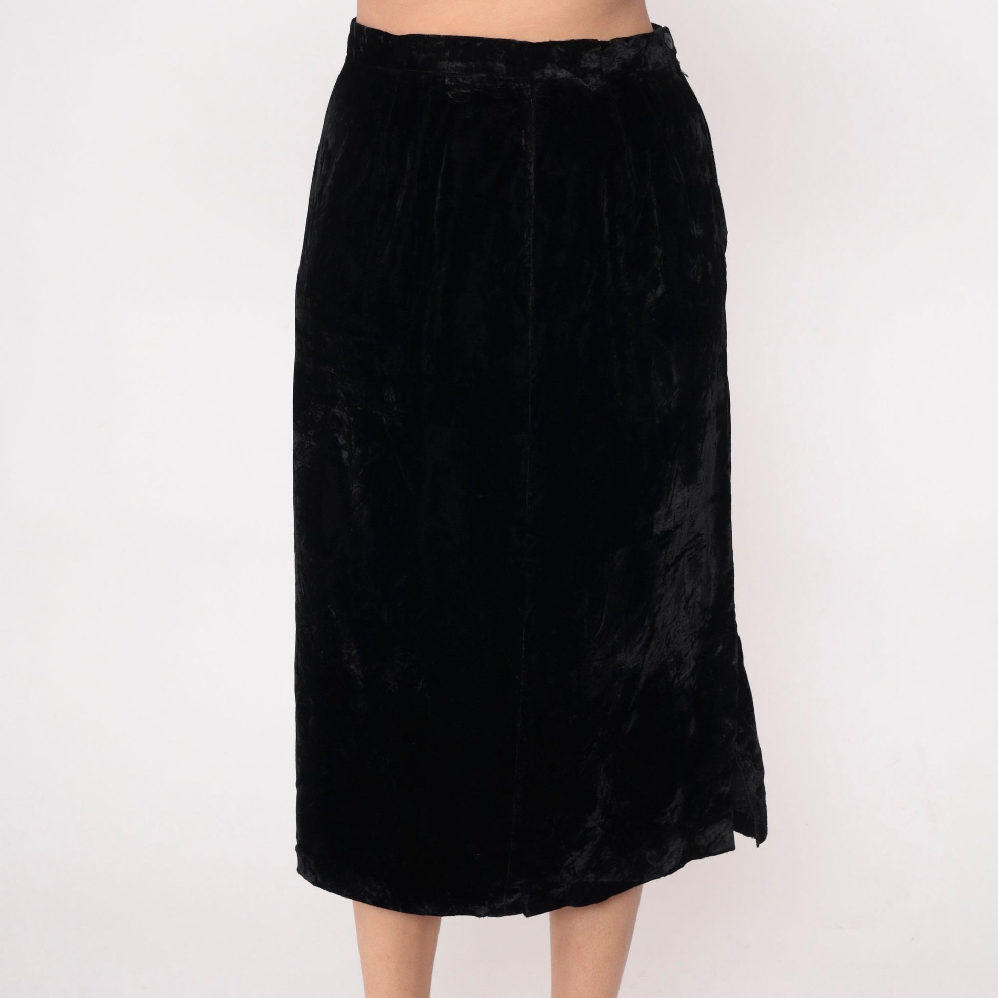 90s Black Velvet Midi Pencil Skirt High Waist Side Slit Small