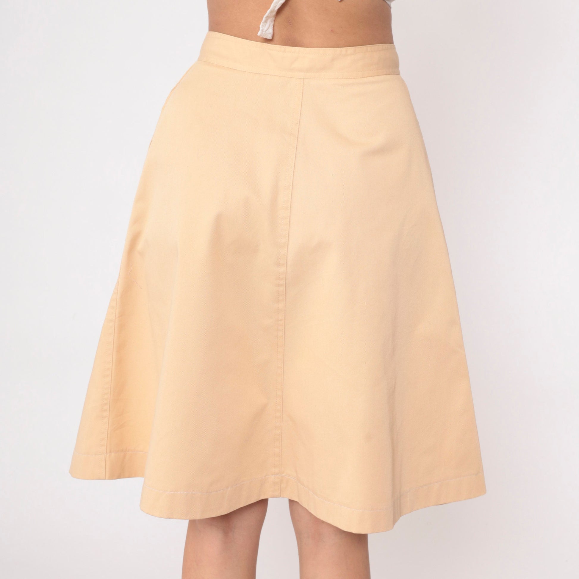 70s Tan A-Line Midi Skirt High Waist Pockets Front Zip Small