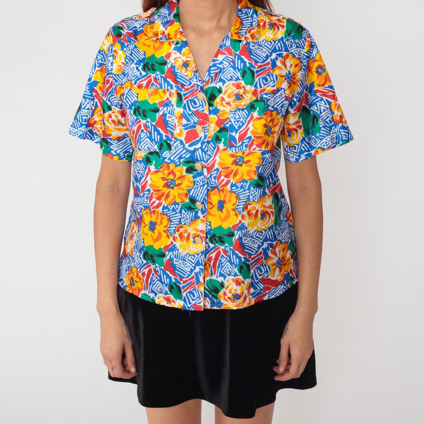 90s Geometric Floral Button-Up Blouse Abstract Print Short Sleeve Small