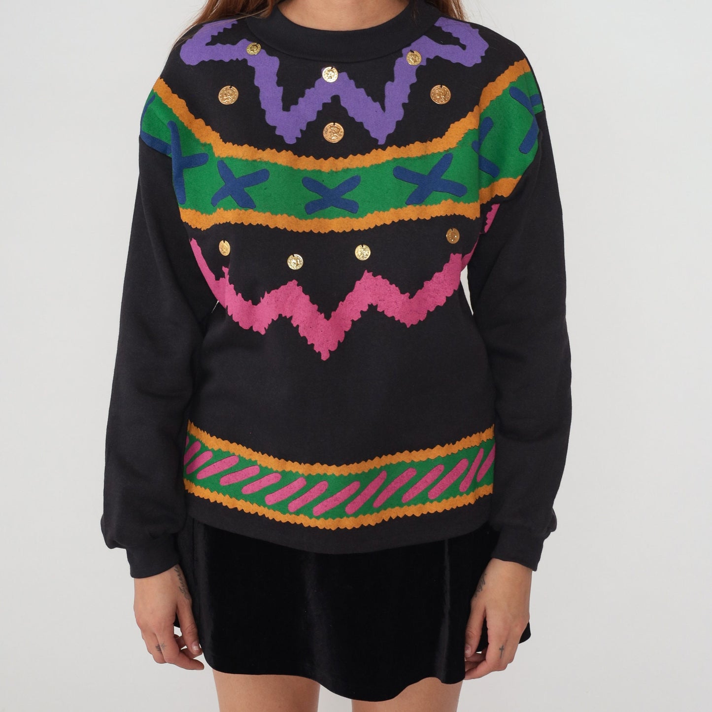 90s California Trends Black Sweatshirt Gold Coin Embellished Abstract Squiggle Small