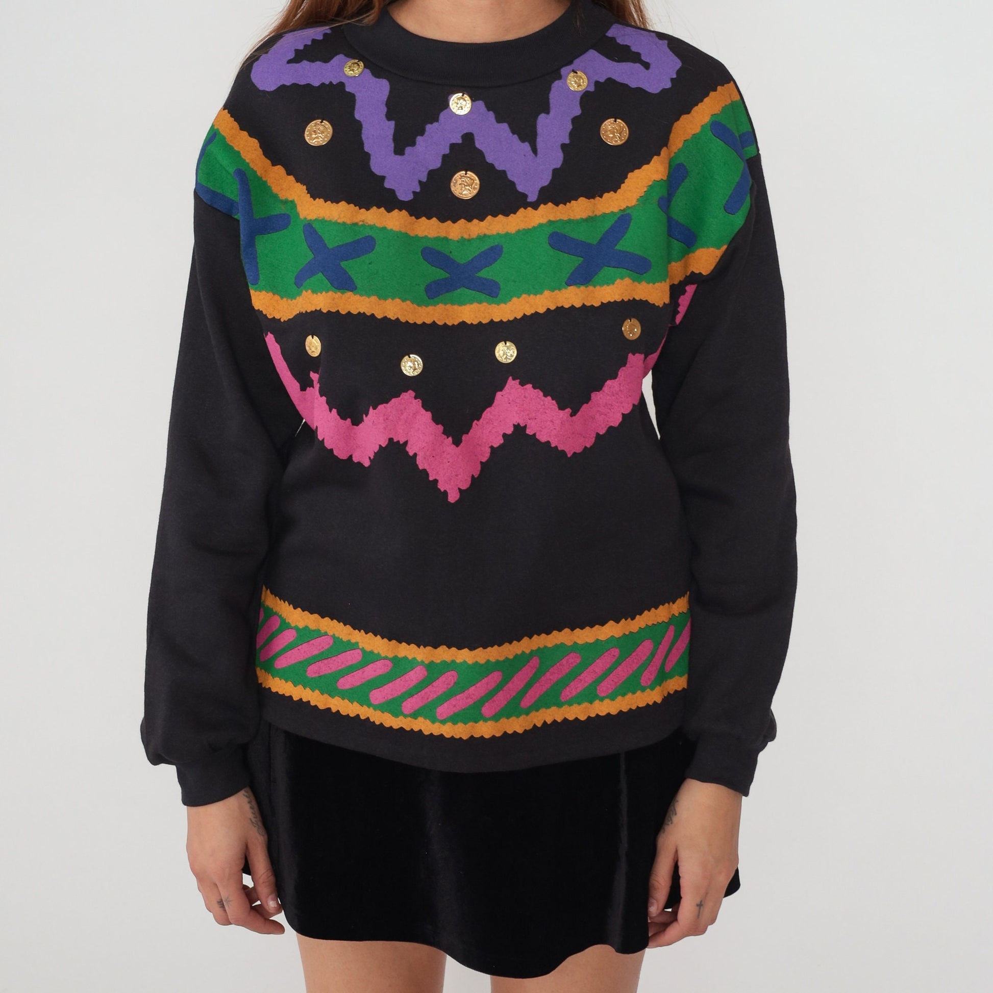 90s California Trends Black Sweatshirt Gold Coin Embellished Abstract Squiggle Small