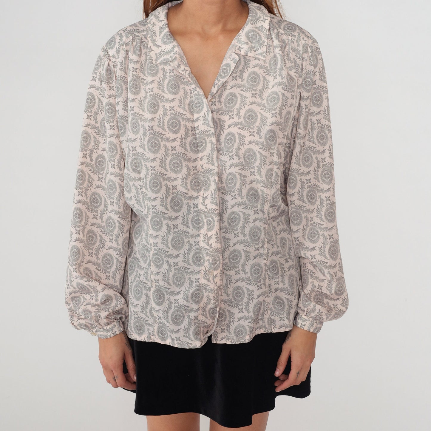 80s Worthington Floral Mandala Vine Print Button-Up Blouse Grey White Extra Large