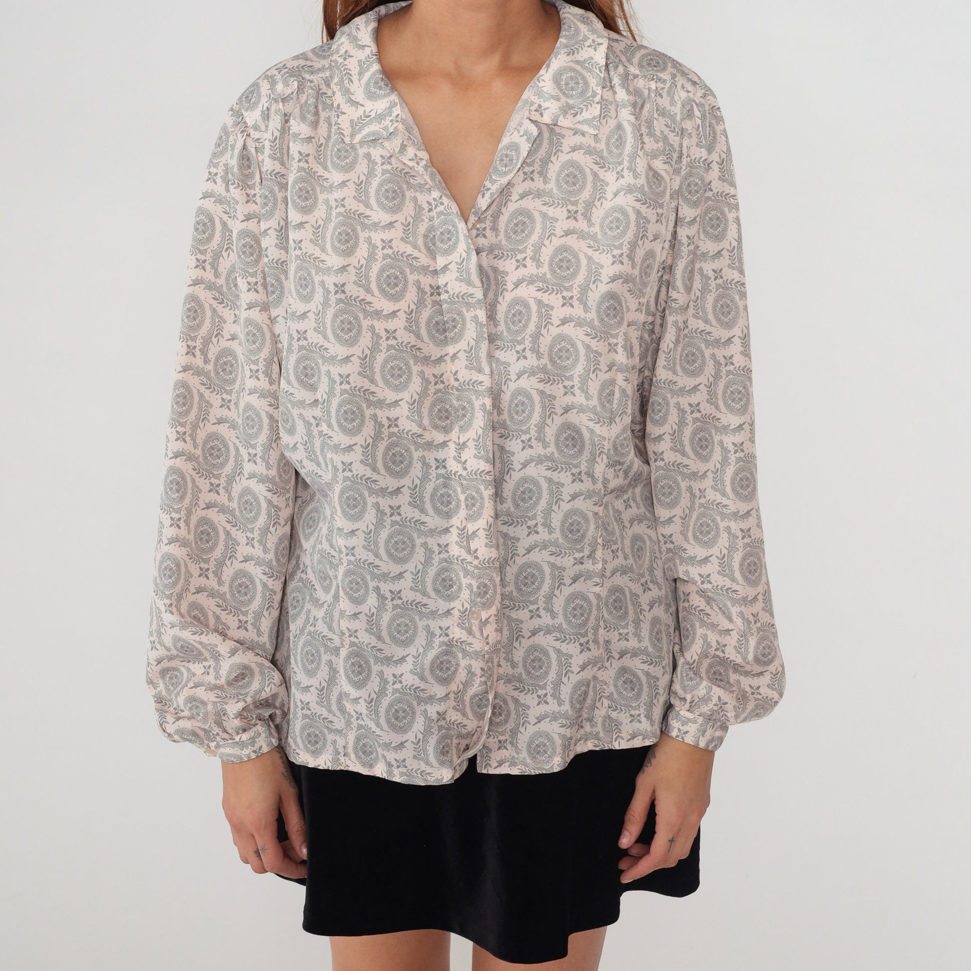 80s Worthington Floral Mandala Vine Print Button-Up Blouse Grey White Extra Large