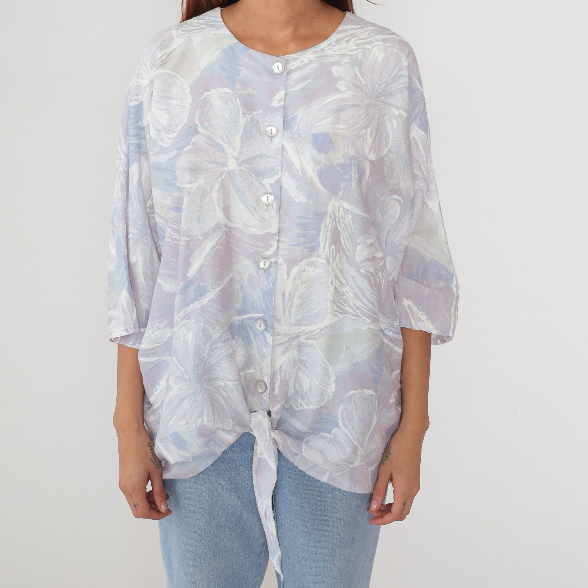 80s S.L. Fashions Floral Tie-Front Blouse Dolman Sleeve Purple Extra Large