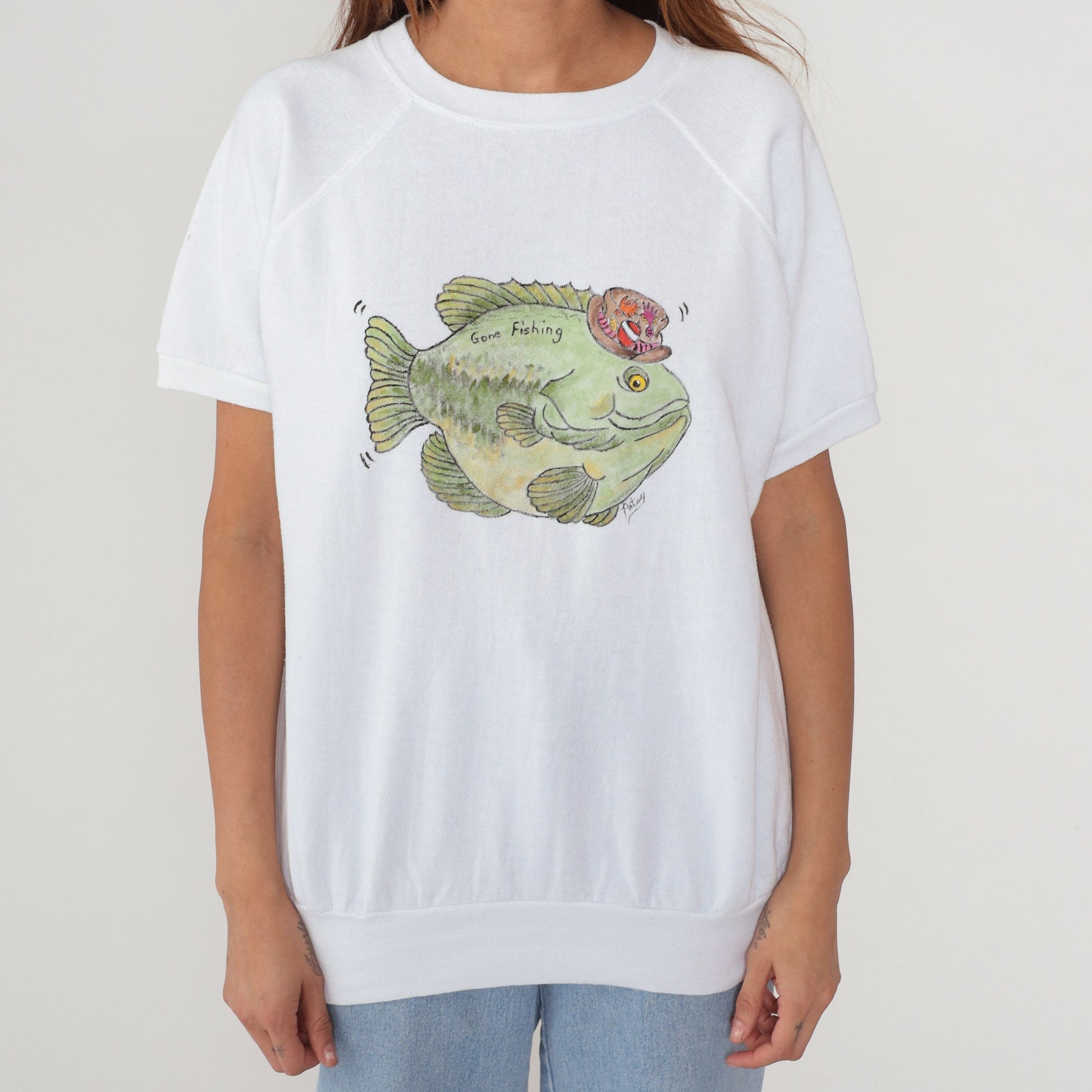 80s Gone Fishing Cartoon Graphic Raglan Sweatshirt White Large