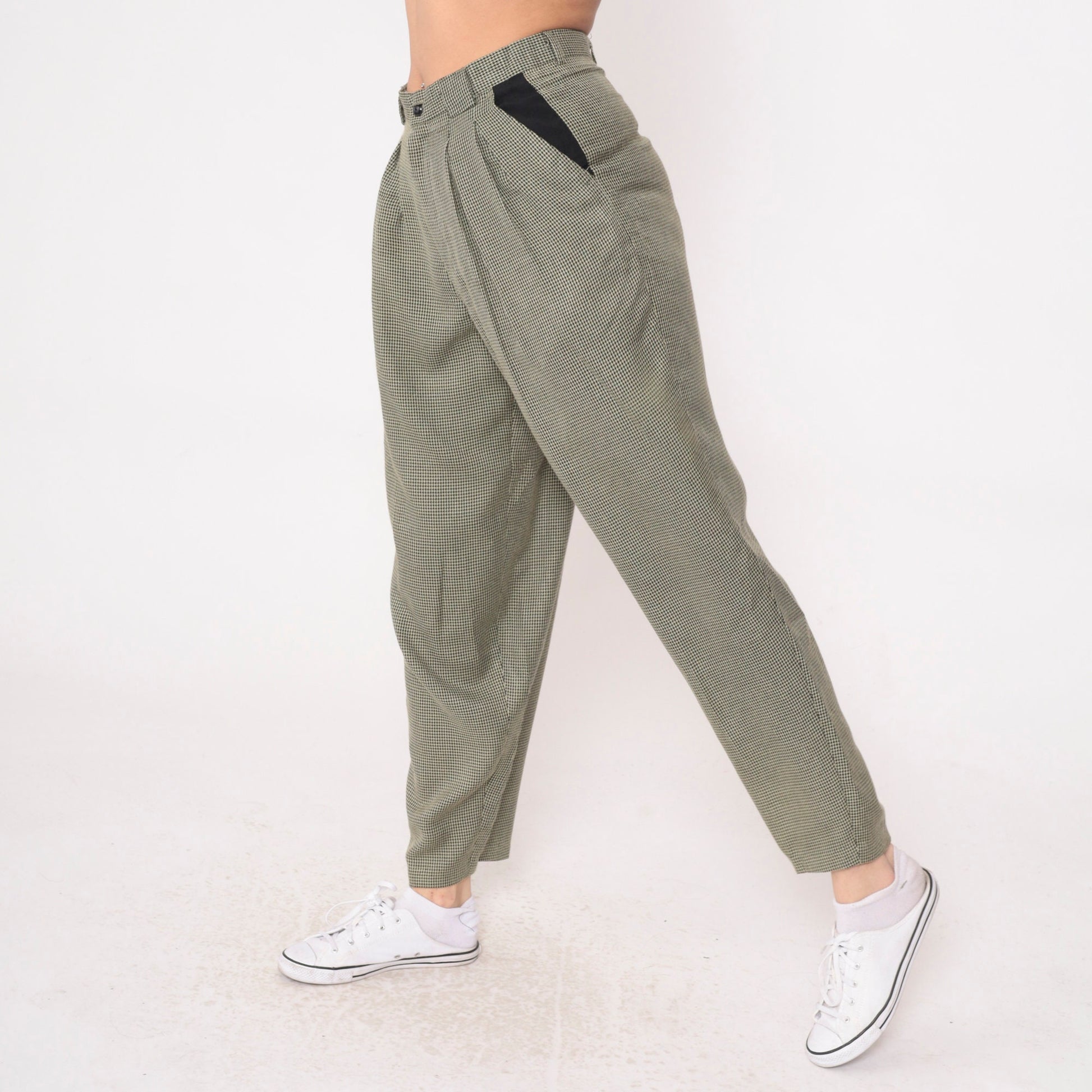 80s Houndstooth Tapered Trousers High Waist Pleated Black Yellow Small