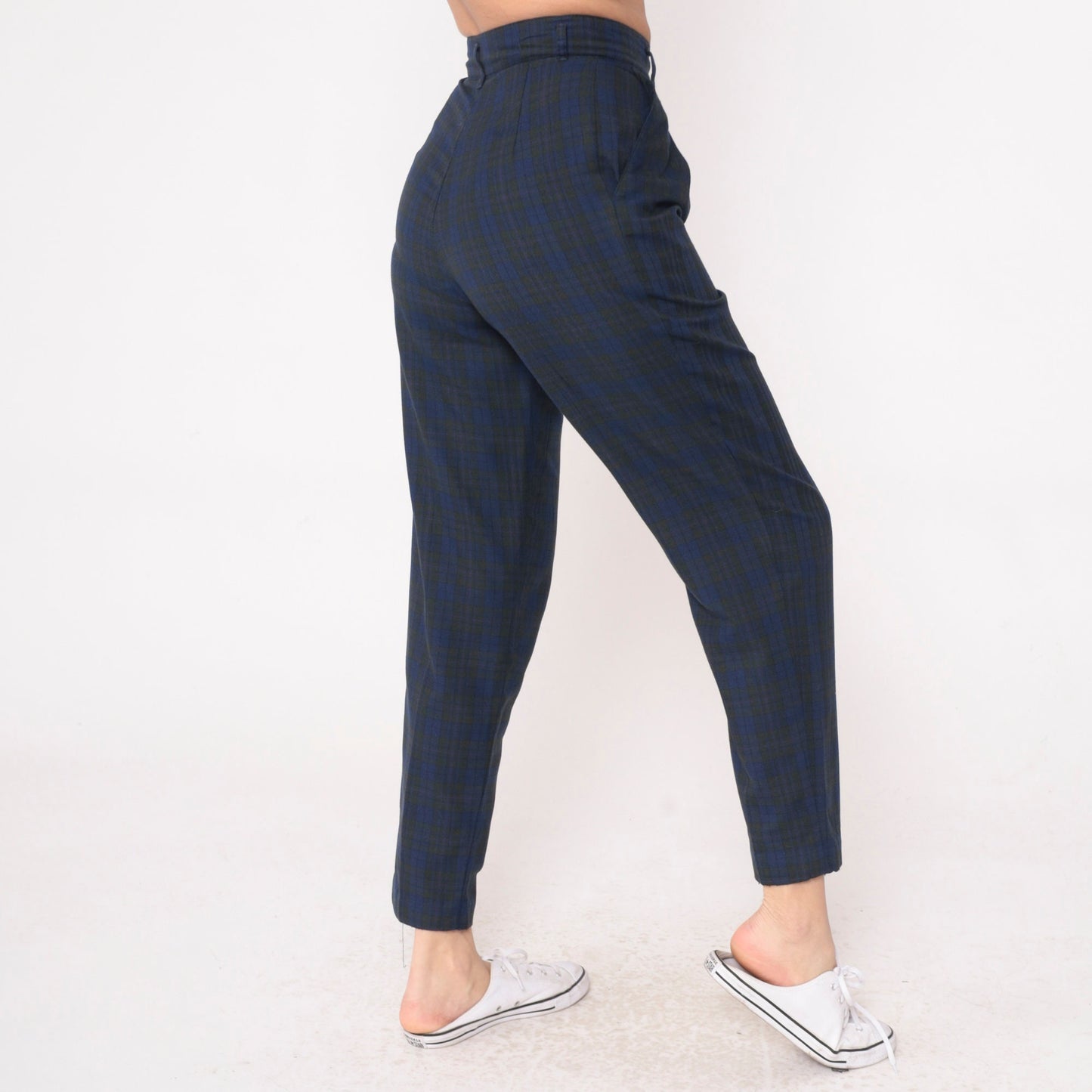 80s Palmettos Tapered Plaid Trousers Blue Charcoal High Waisted Pleated Extra Small