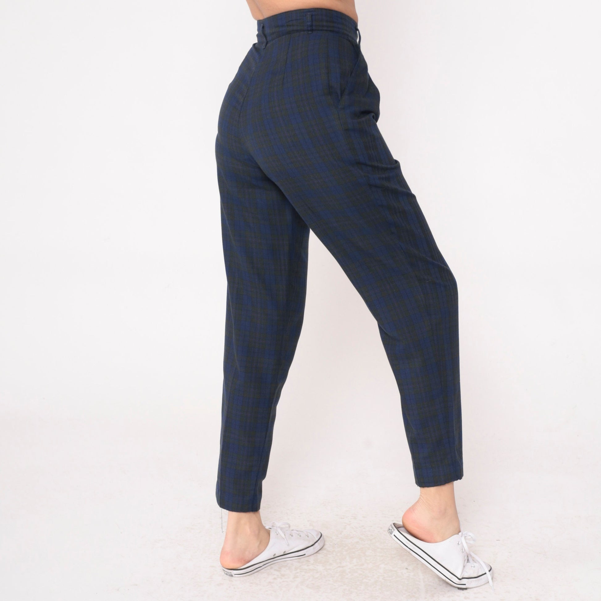 80s Palmettos Tapered Plaid Trousers Blue Charcoal High Waisted Pleated Extra Small