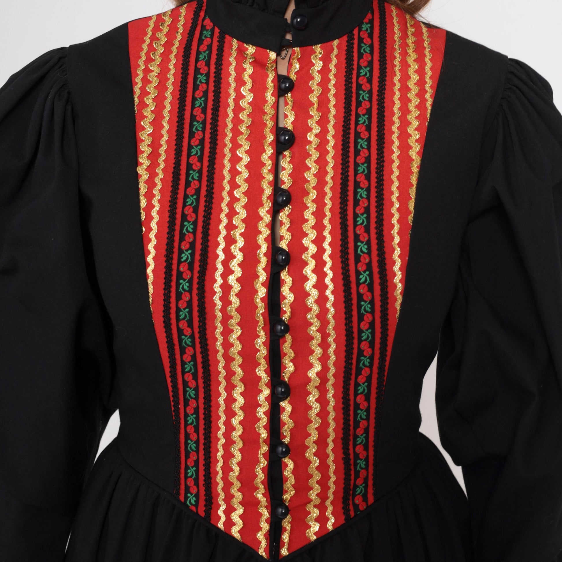 70s Black Floral Embroidered Midi Dress Leg Of Mutton Sleeve Gold Ric Rac Small