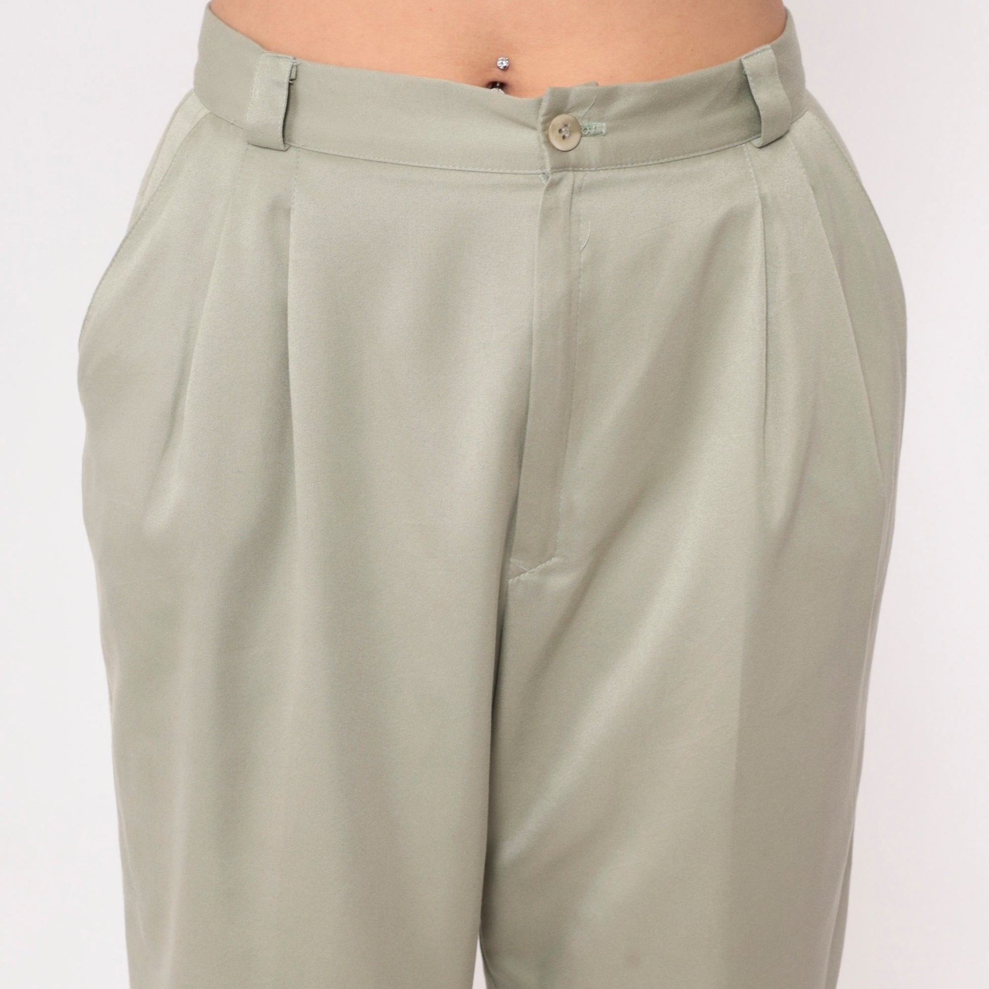 90s Khaki Pleated High-Waist Ankle Trousers Shimmer Petite Medium
