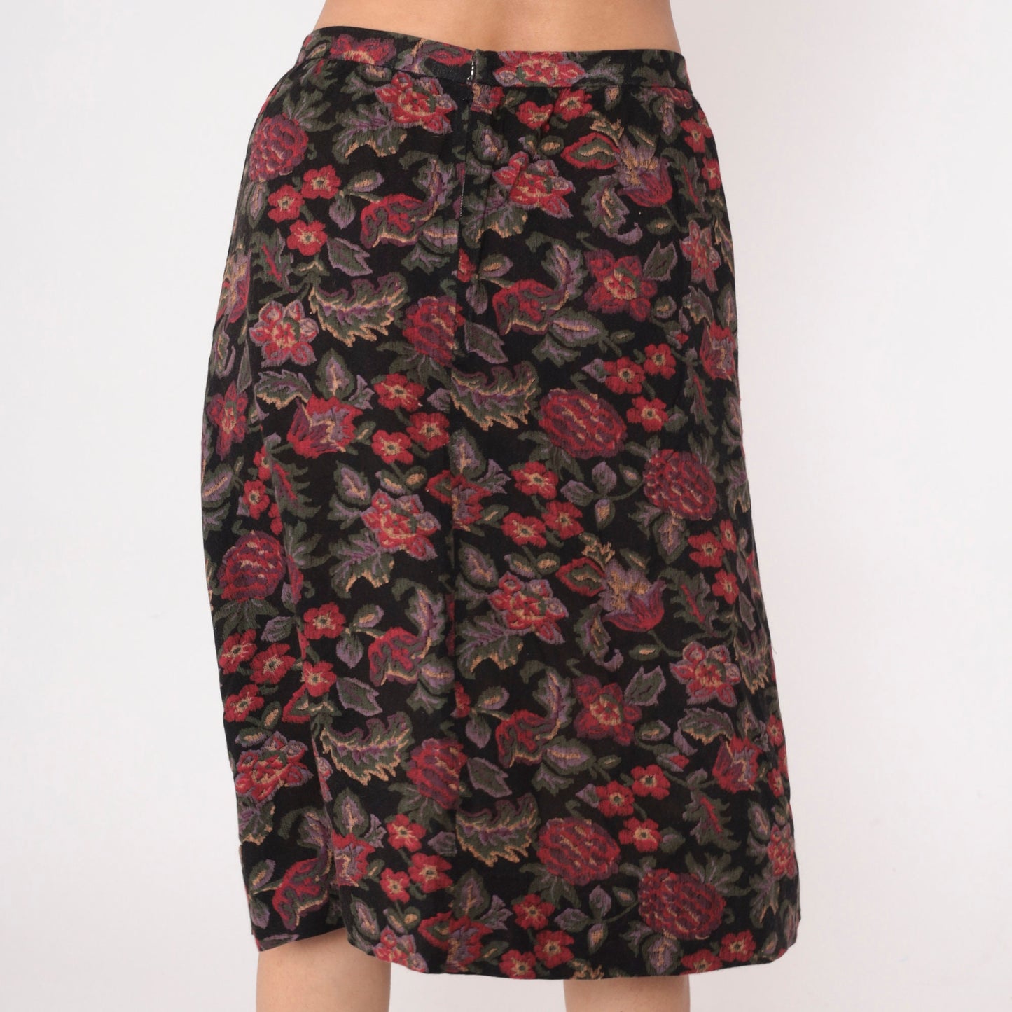 80s Floral Midi Skirt High Waisted Straight Pencil Black Red Green Small