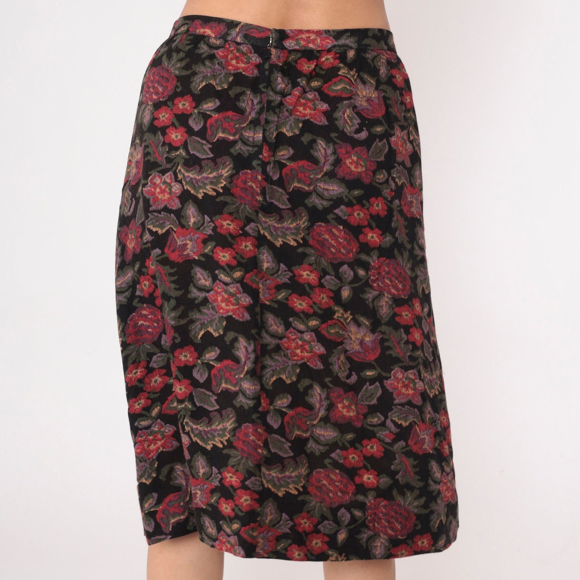 80s Floral Midi Skirt High Waisted Straight Pencil Black Red Green Small