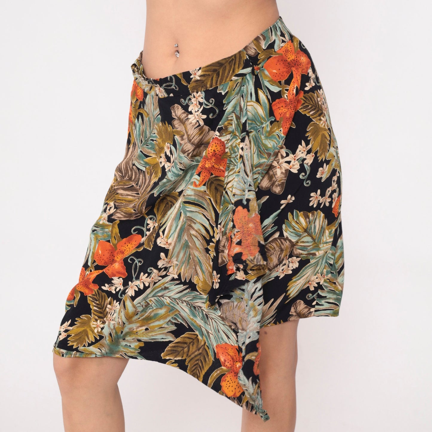 90s Carol Little Tropical Floral Mini Skirt Orange High Waist Faux Wrap Large