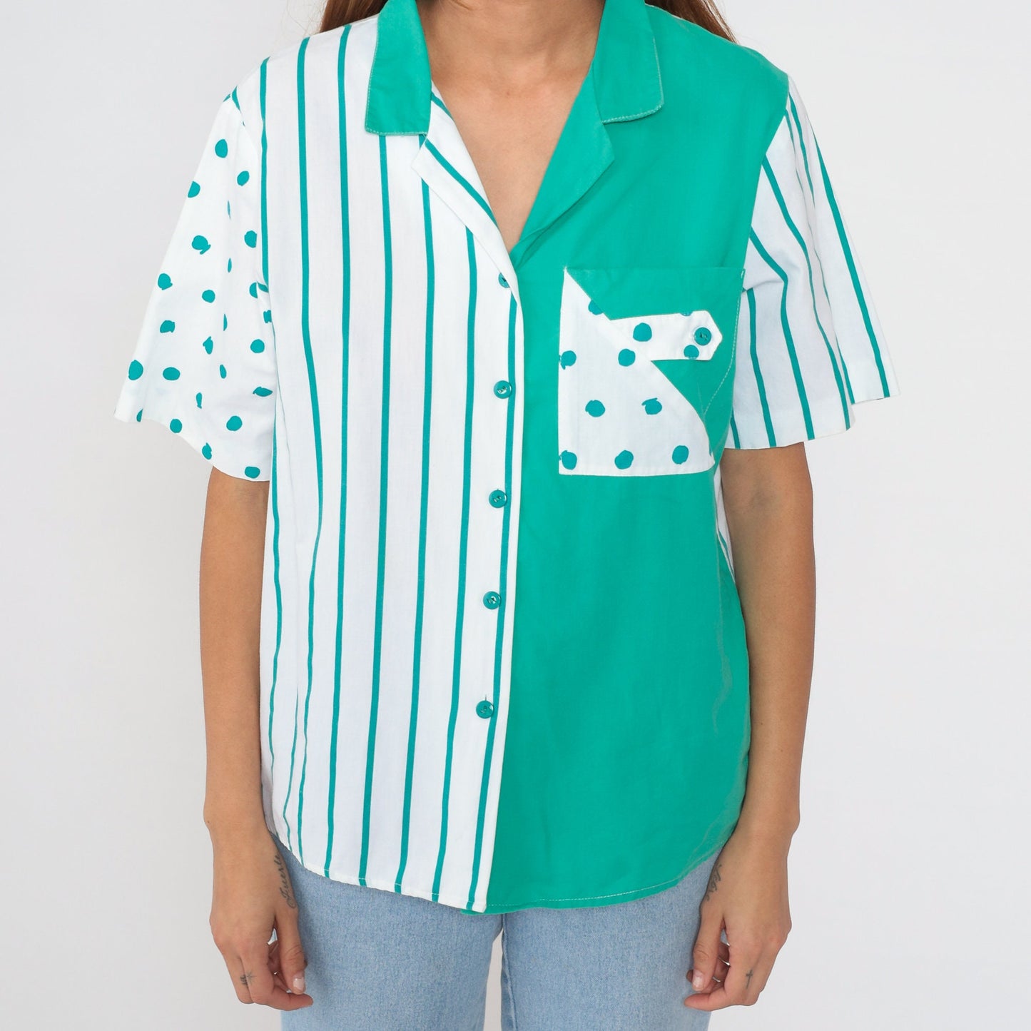 90s Colour Block Button-Up Blouse White Green Polka Dot Stripe Cotton Large L