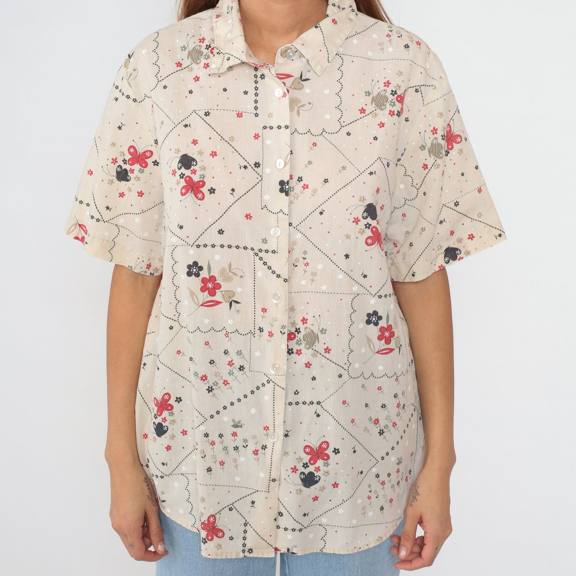 90s Floral Butterfly Button-Up Blouse Short Sleeve Cotton Shirt Extra Large XXL