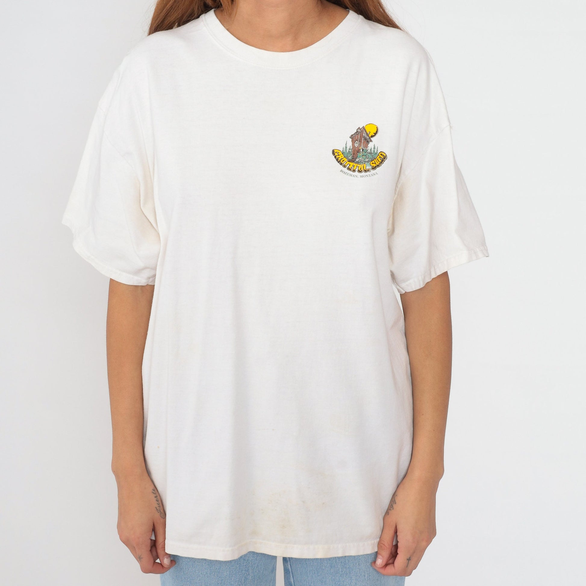 Y2K Grateful Shed Bozeman Montana Graphic T-Shirt White Cotton Extra Large XL