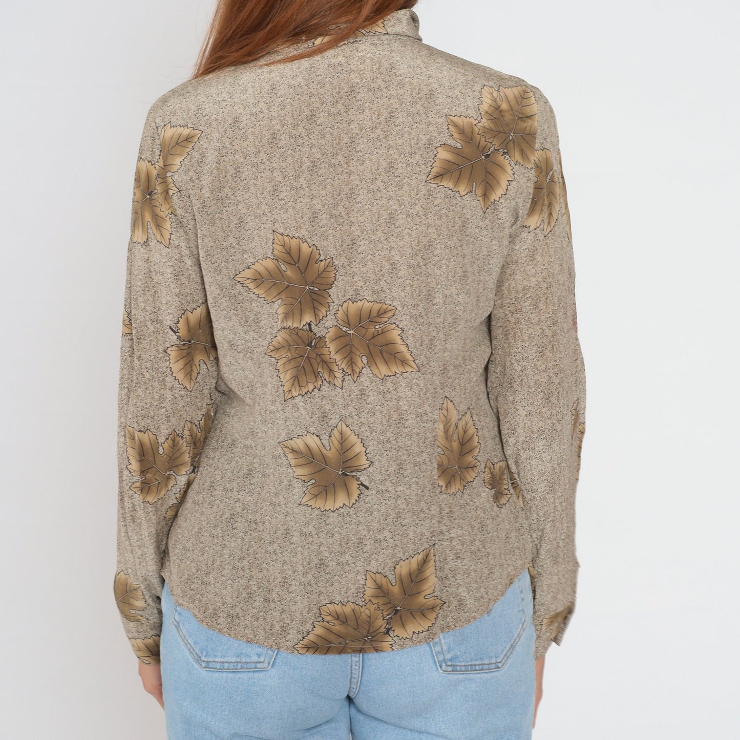 90s Victoria Soie Silk Leaf Print Blouse Brown Button-Up Medium