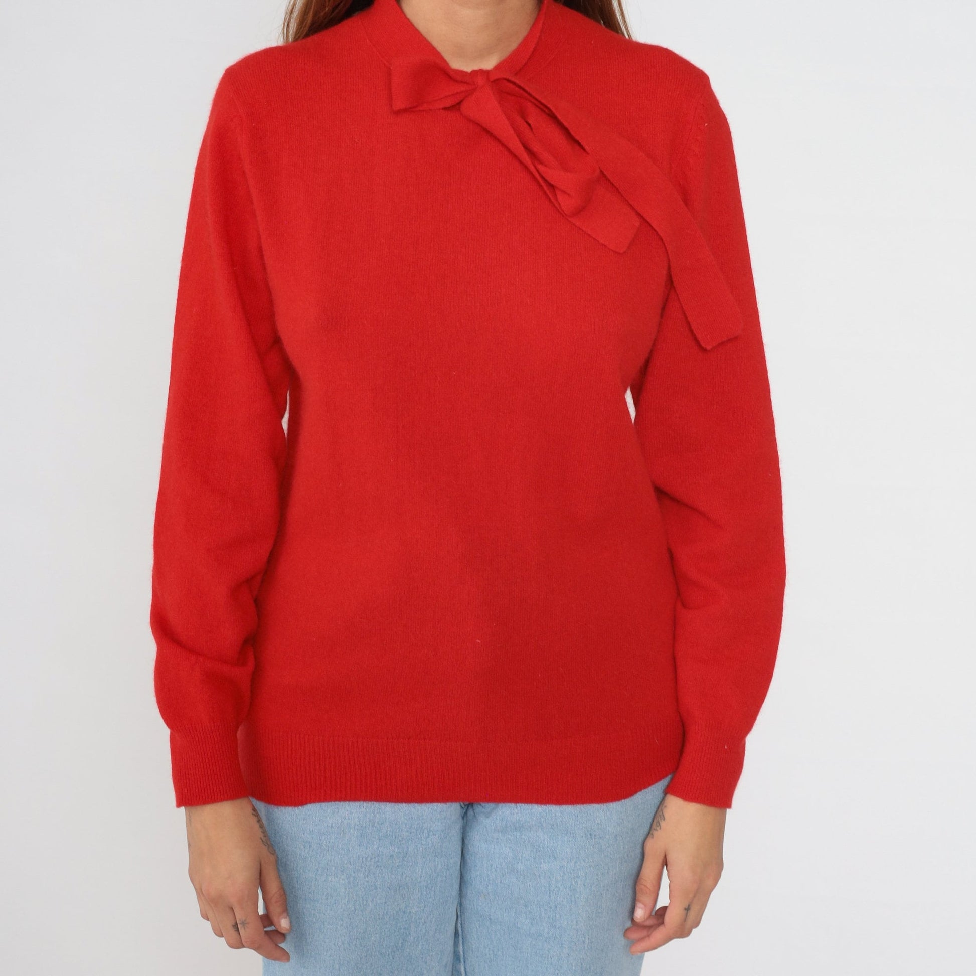 90s Halston Red Wool Angora Blend Sweater Bow Tie Neckline Medium M