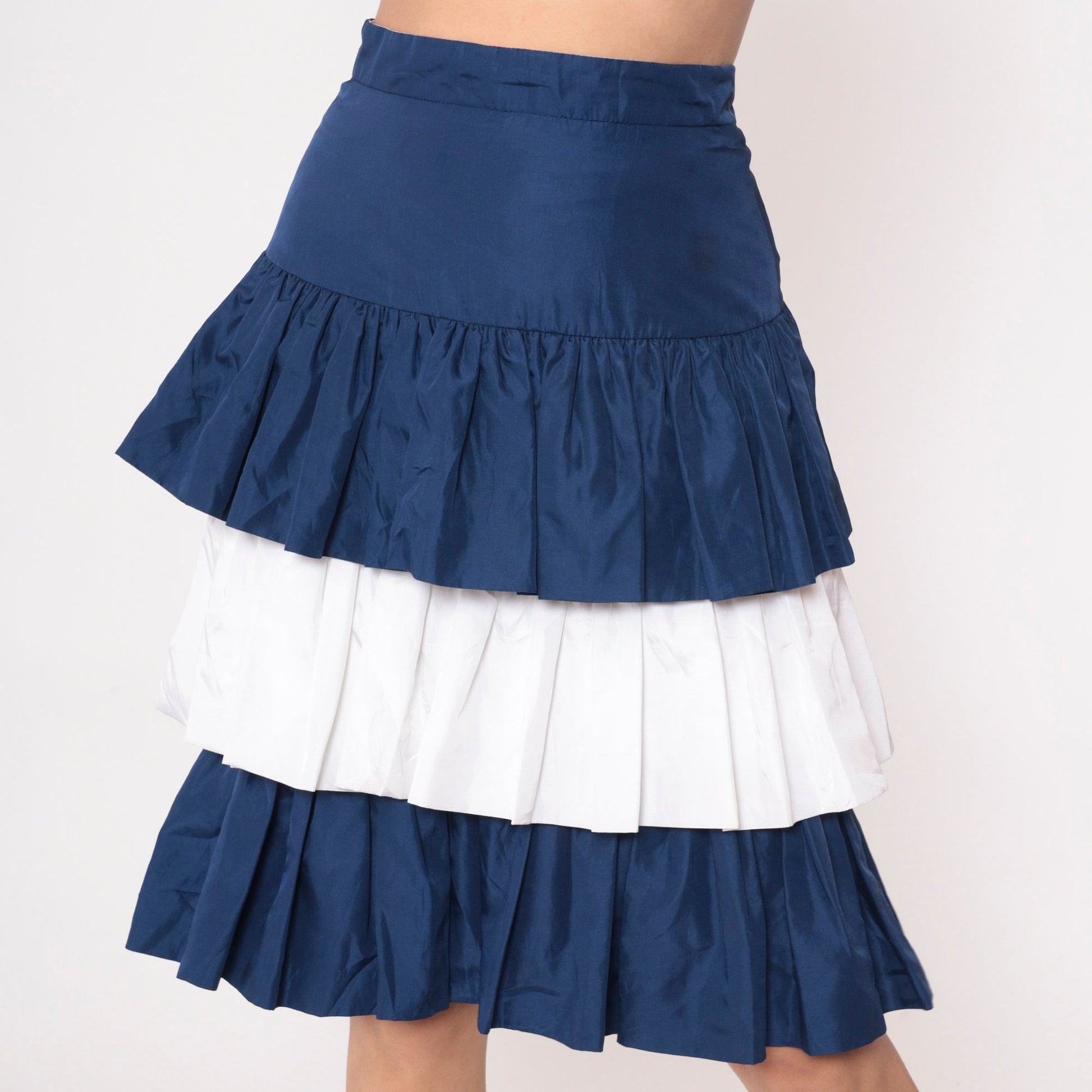 90s Tiered Midi Skirt Dark Blue White Color Block High Waist Small