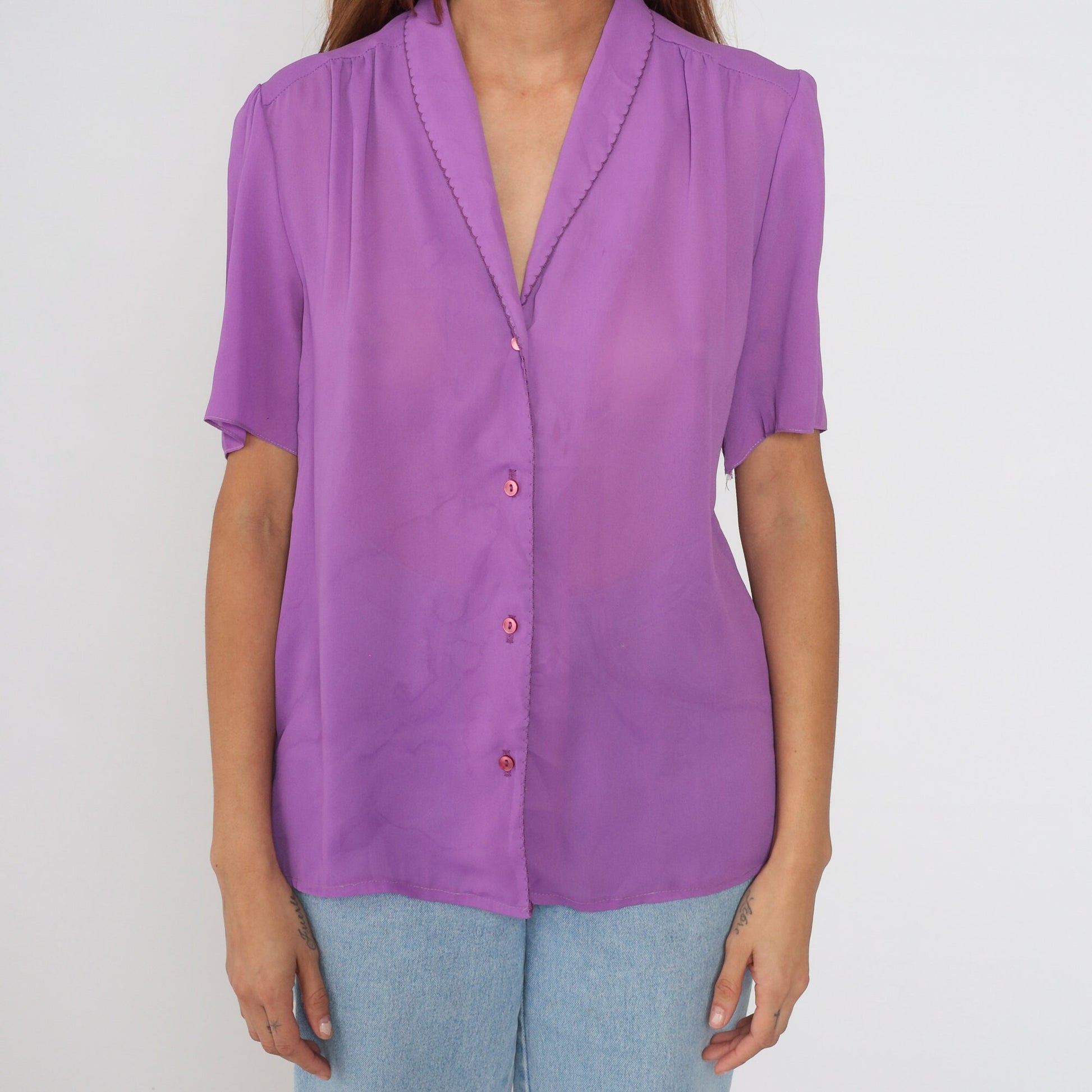 80s Purple Puff Sleeve Blouse Button Up Pleated Collared Top Large