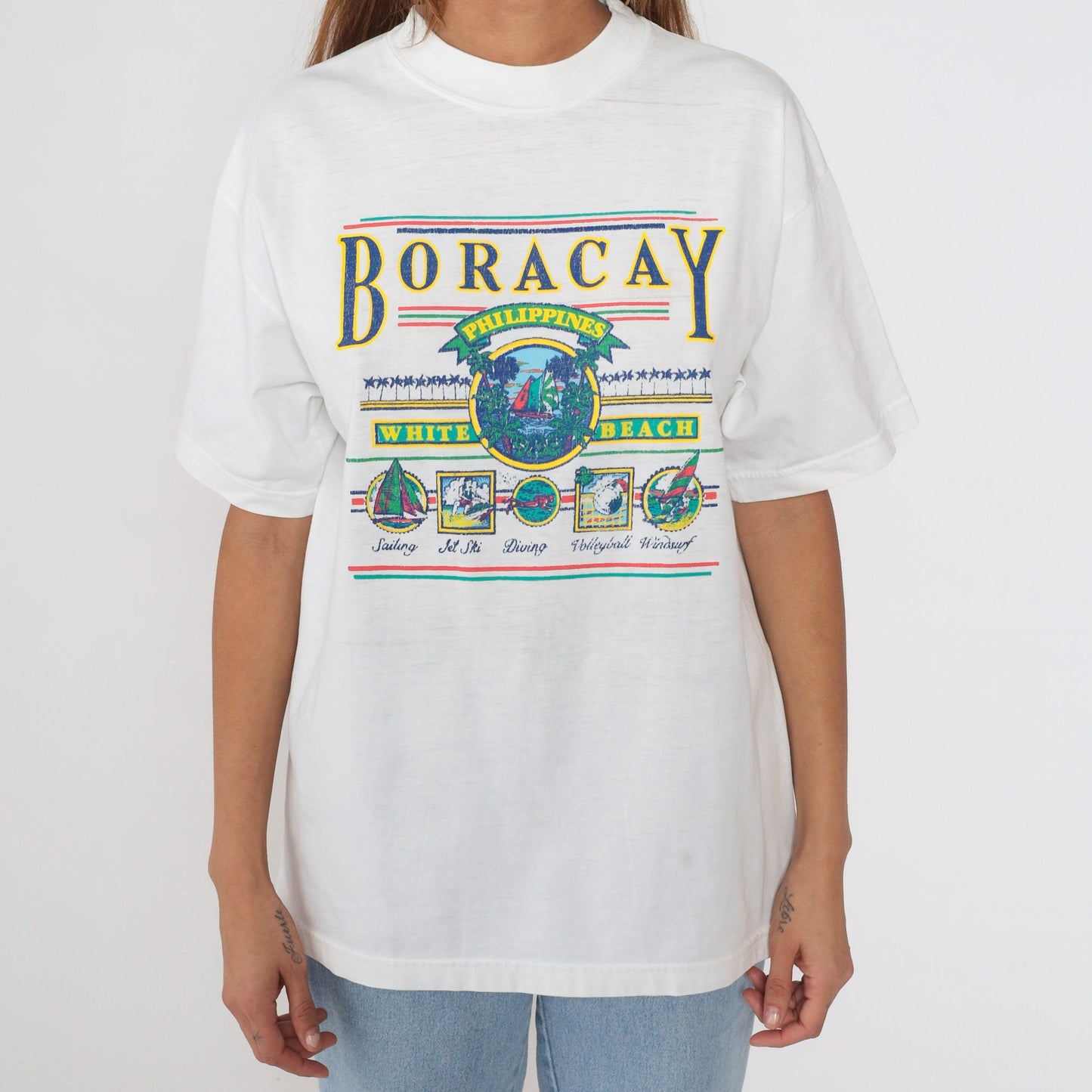 90s Boracay Philippines Swaze Graphic T-Shirt Sailboat Cotton Extra Large