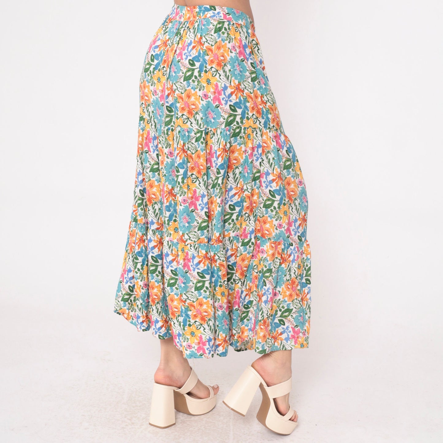 00s Cynthia Rowley Tiered Floral Maxi Skirt Blue Orange Pink Small