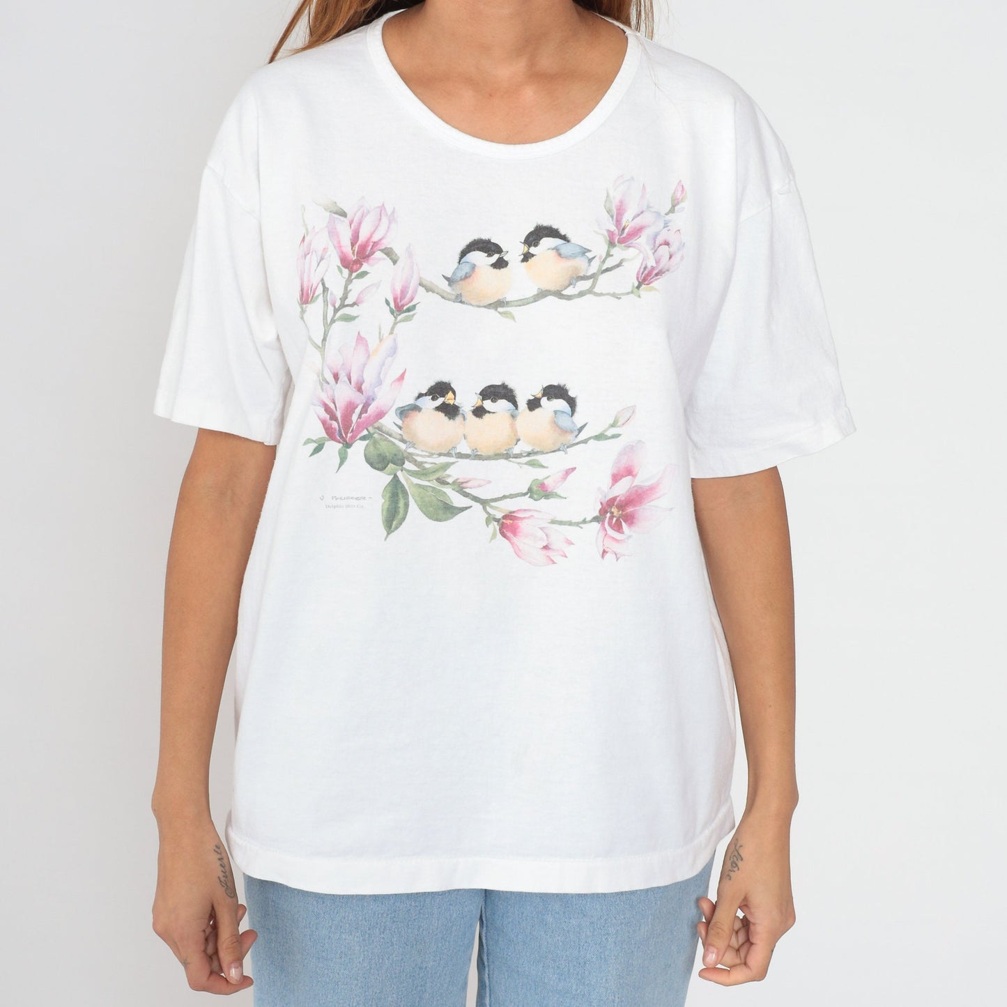 90s Floral Bird Graphic T-Shirt White Cotton Single Stitch Extra Large XL