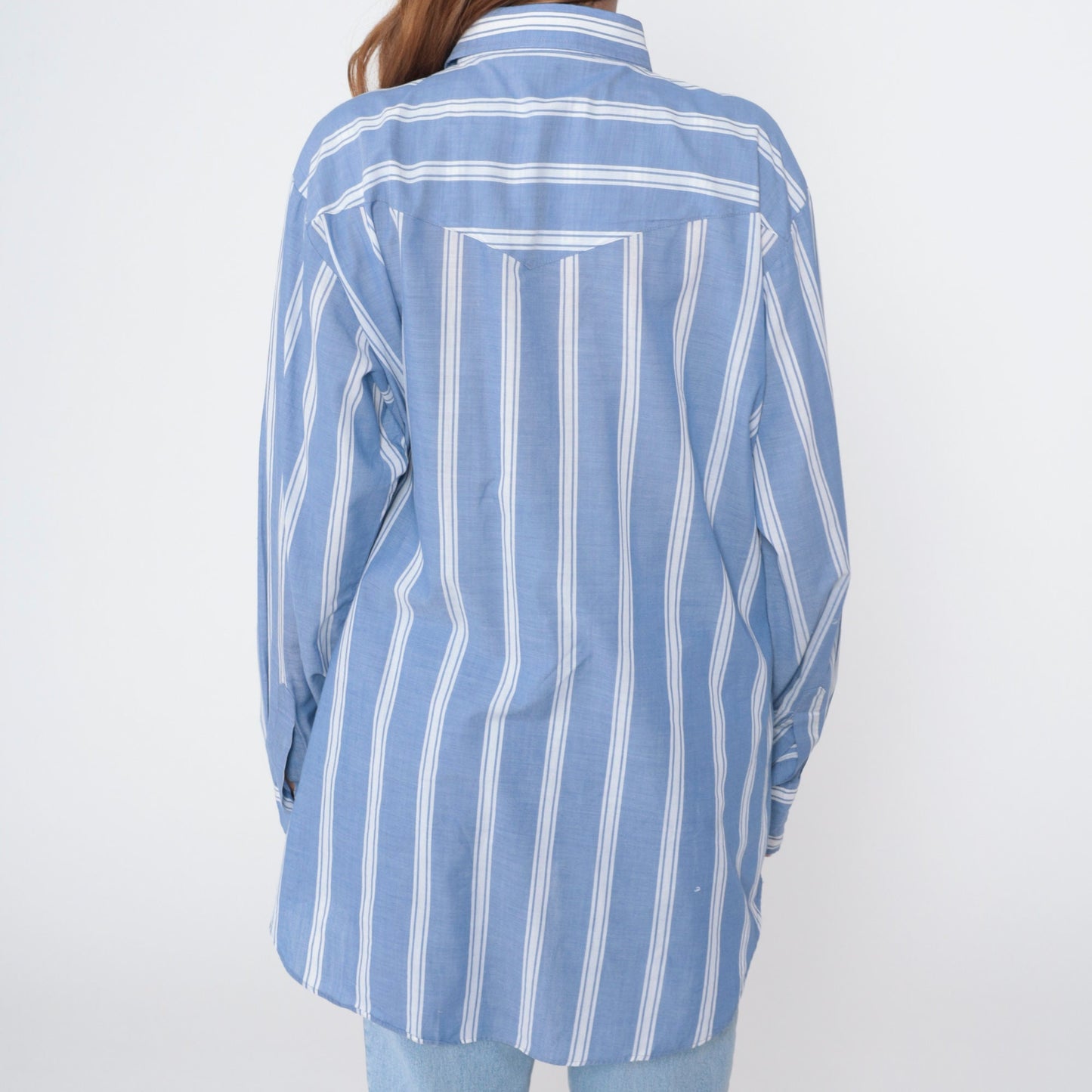 90s Western Pearl Snap Shirt Blue White Striped Long Sleeve Men's Extra Large