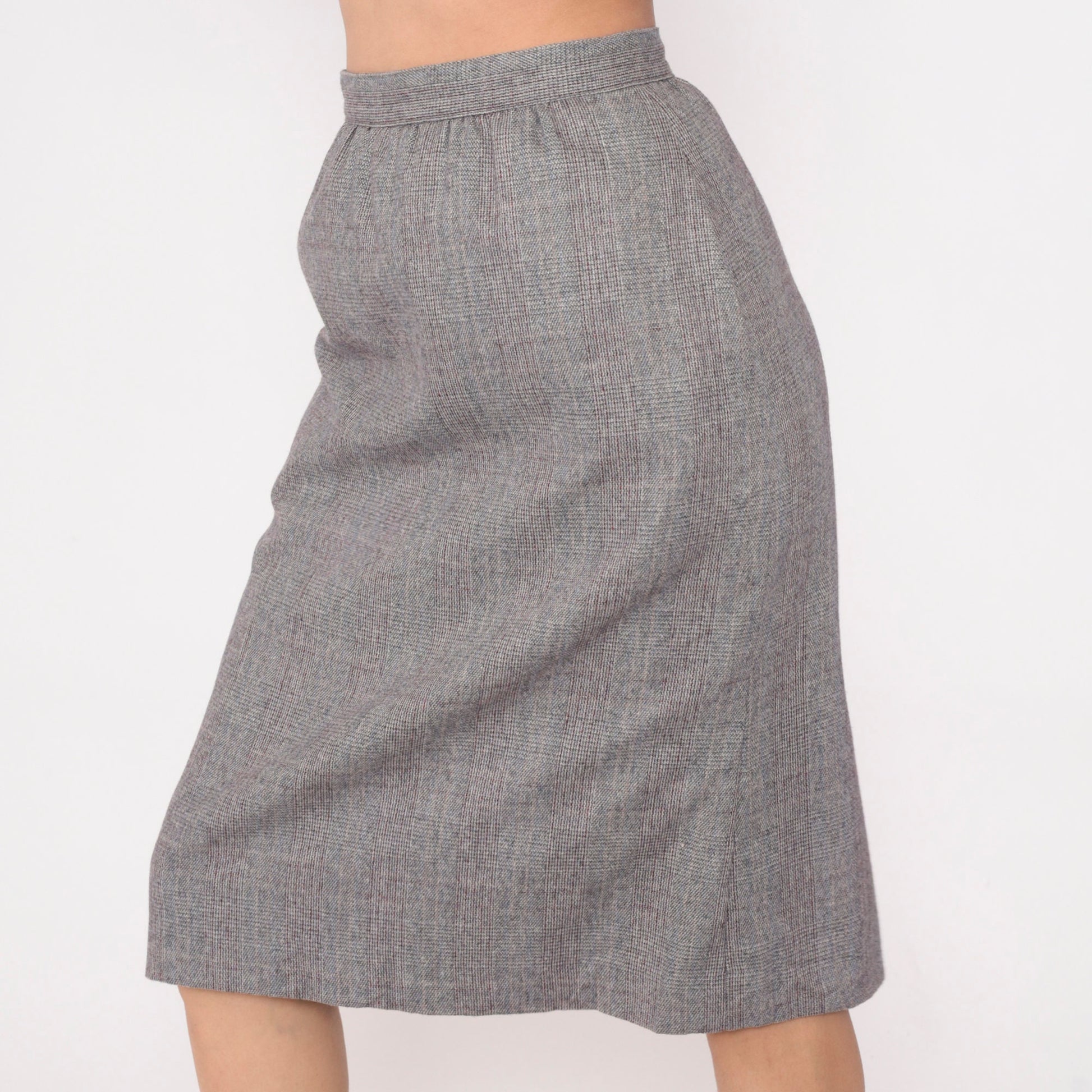 80s Grey Checkered High-Waisted Straight Skirt Pockets Small