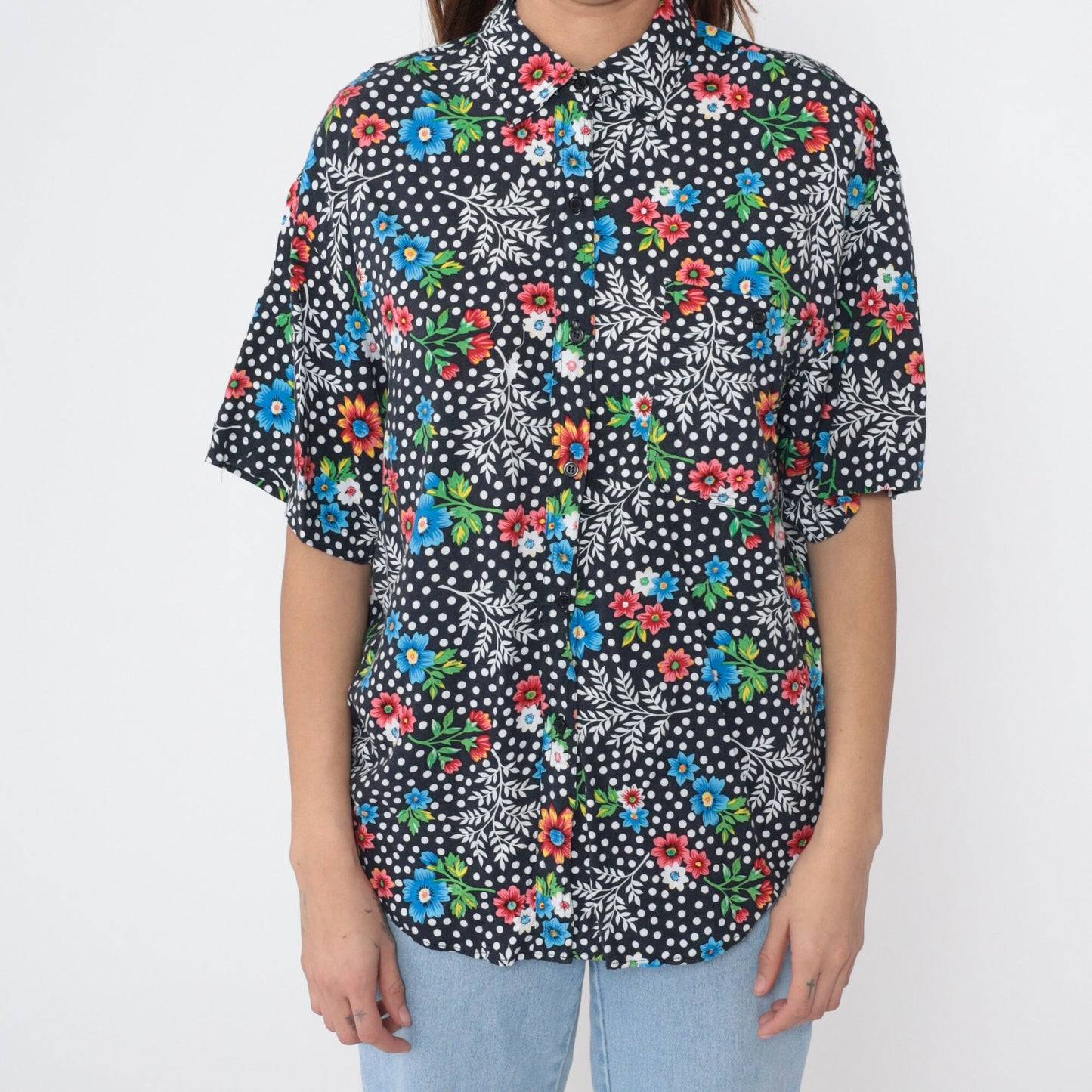 90s Floral Polka Dot Button-Up Blouse Black Rayon Short Sleeve Large L