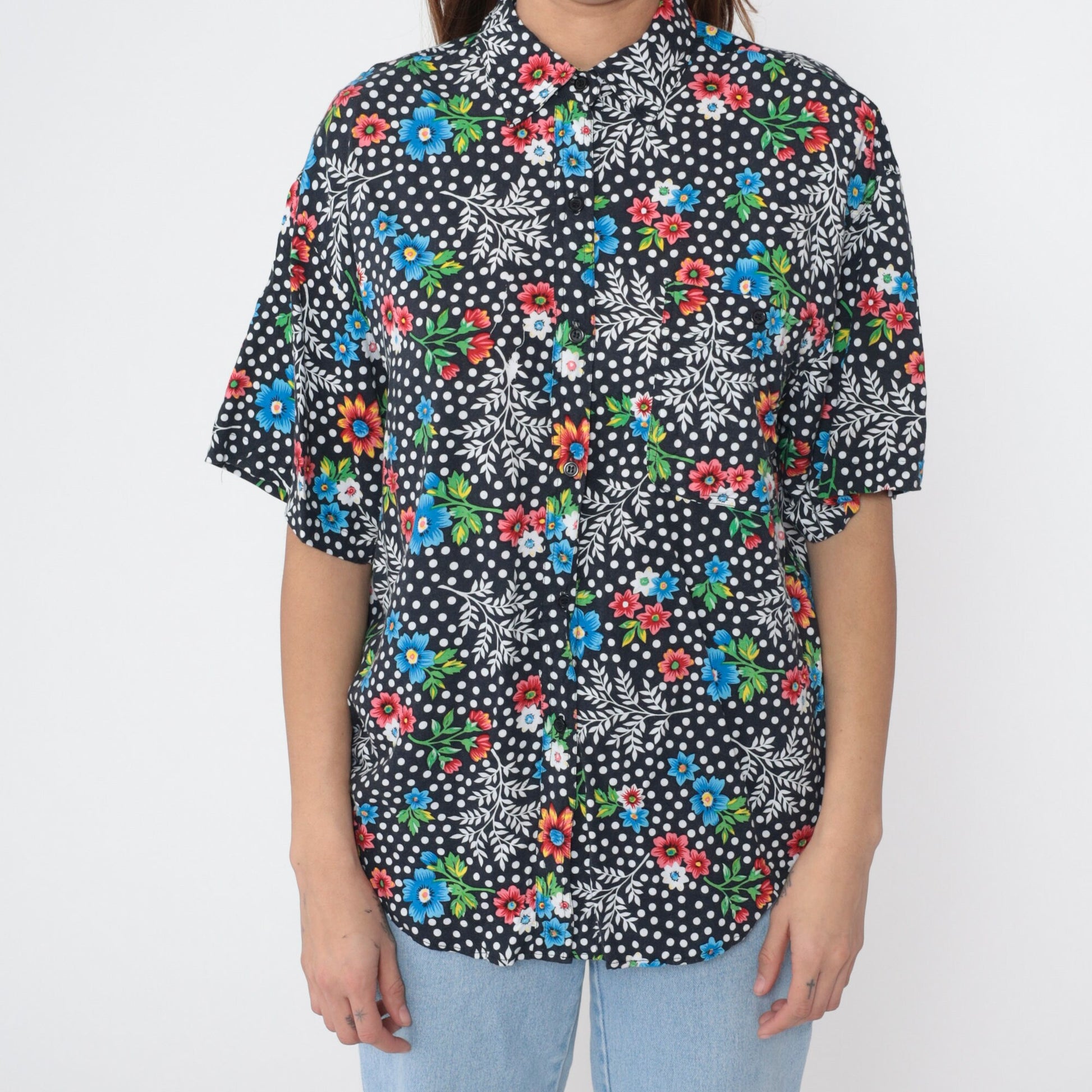 90s Floral Polka Dot Button-Up Blouse Black Rayon Short Sleeve Large L